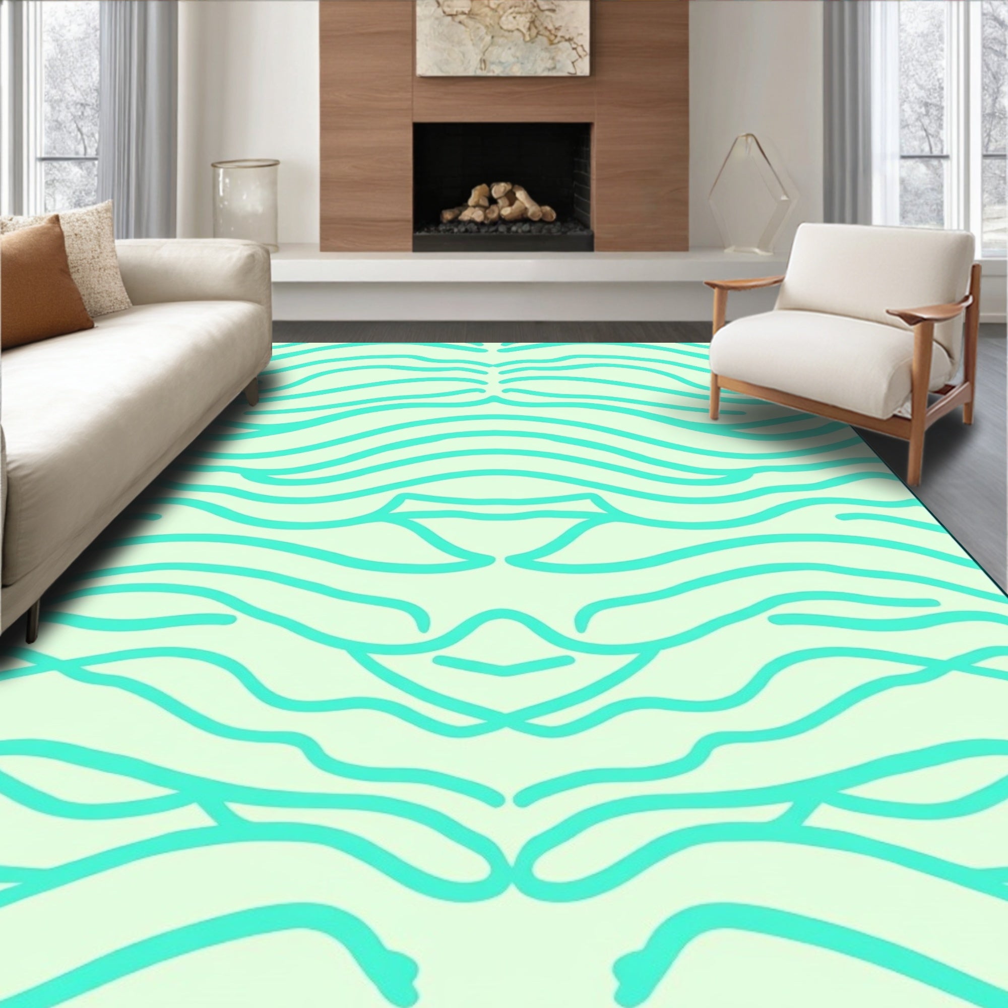 Mint Green Wavy Line Pattern Rug