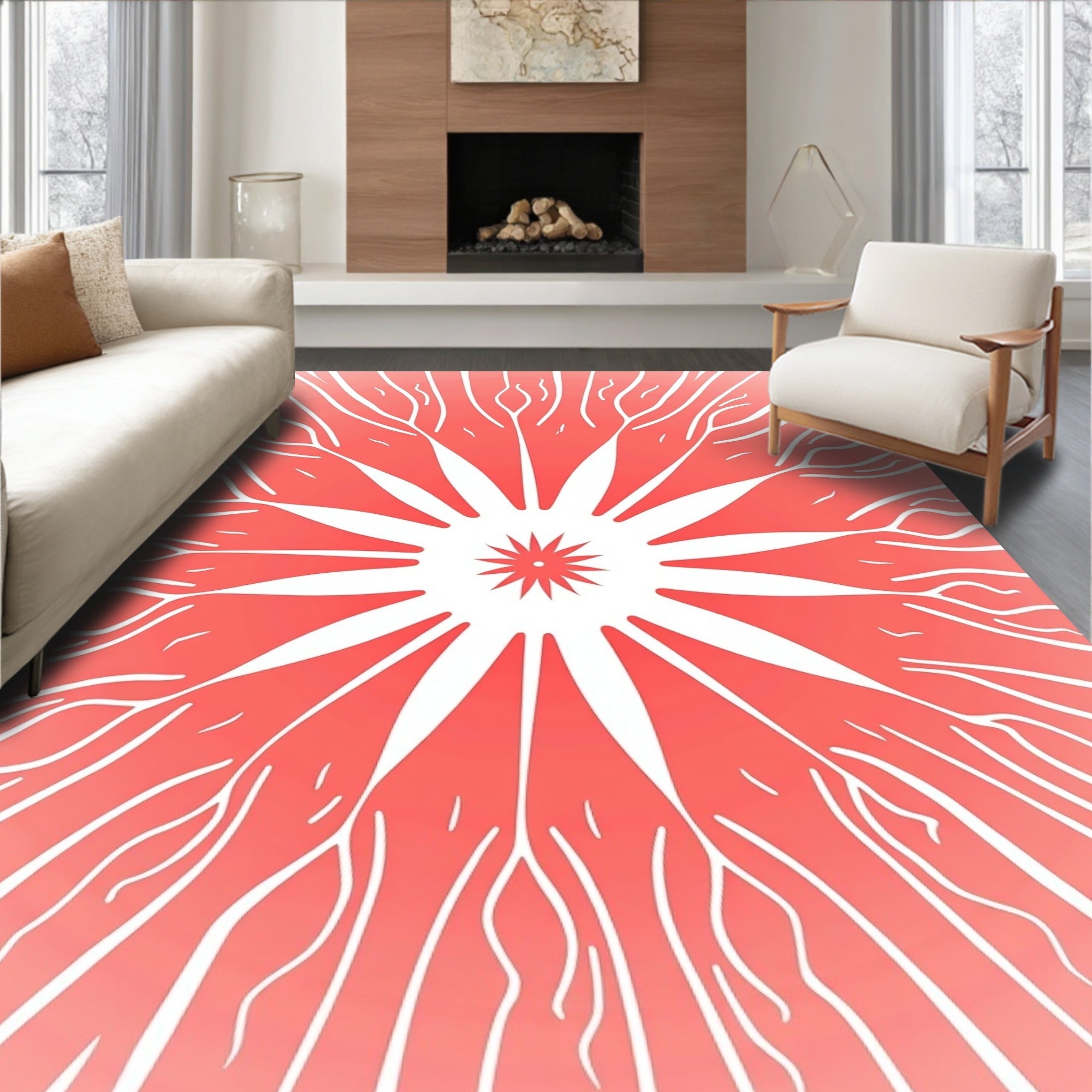 Radiant Geometric Starburst Coral Pattern Rug