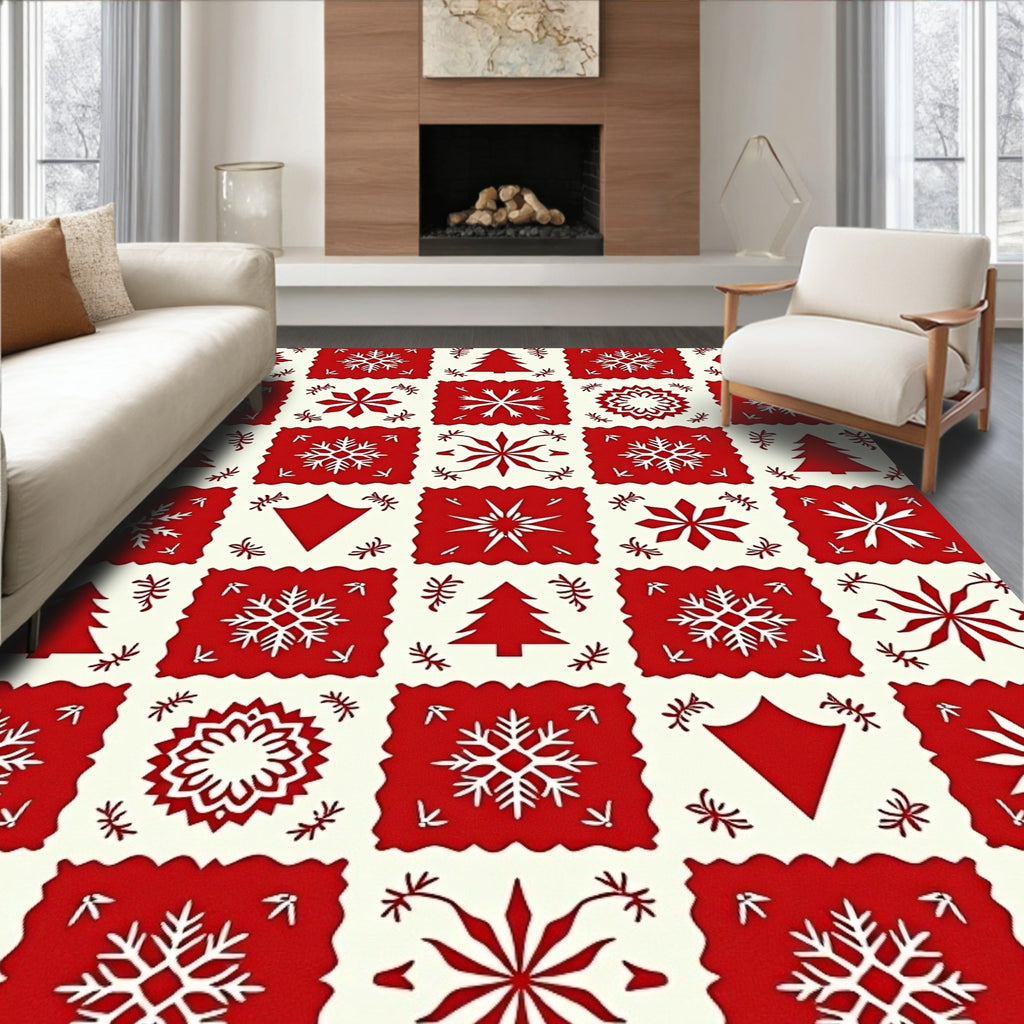 Red and White Snowflake Tree Pattern Rug