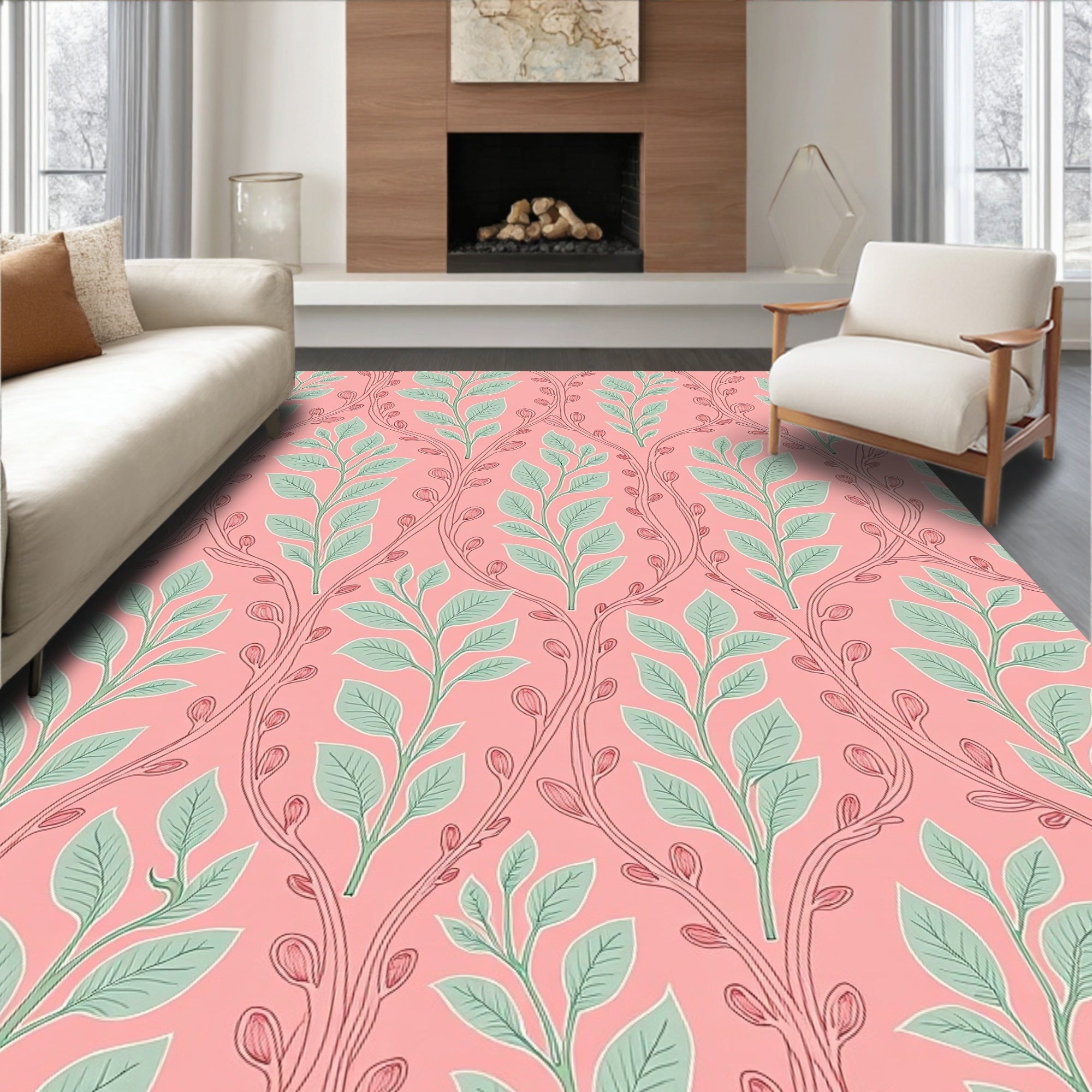 Soft Pink Botanical Vine Design Rug