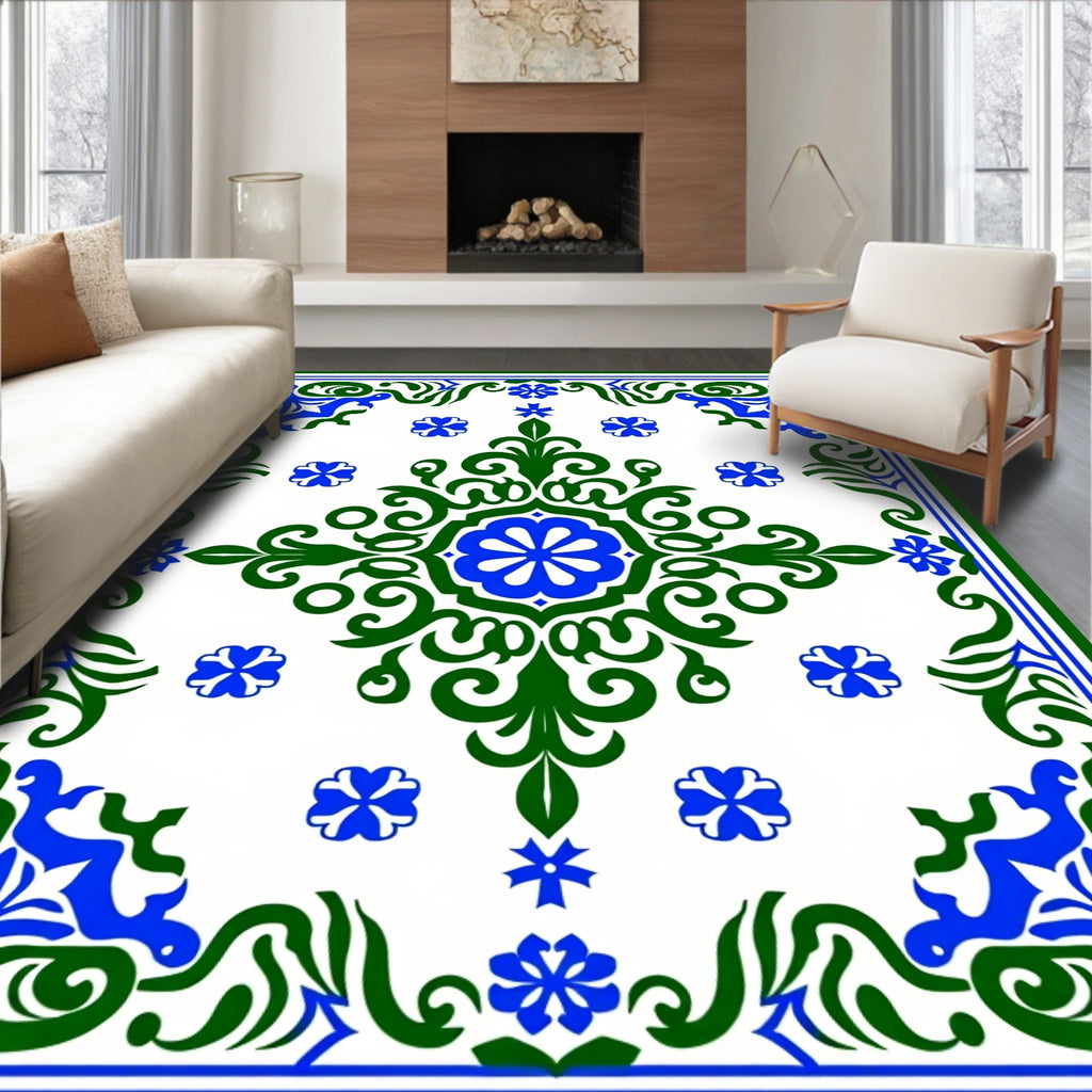 Elegant Blue Green Floral Medallion Design Rug
