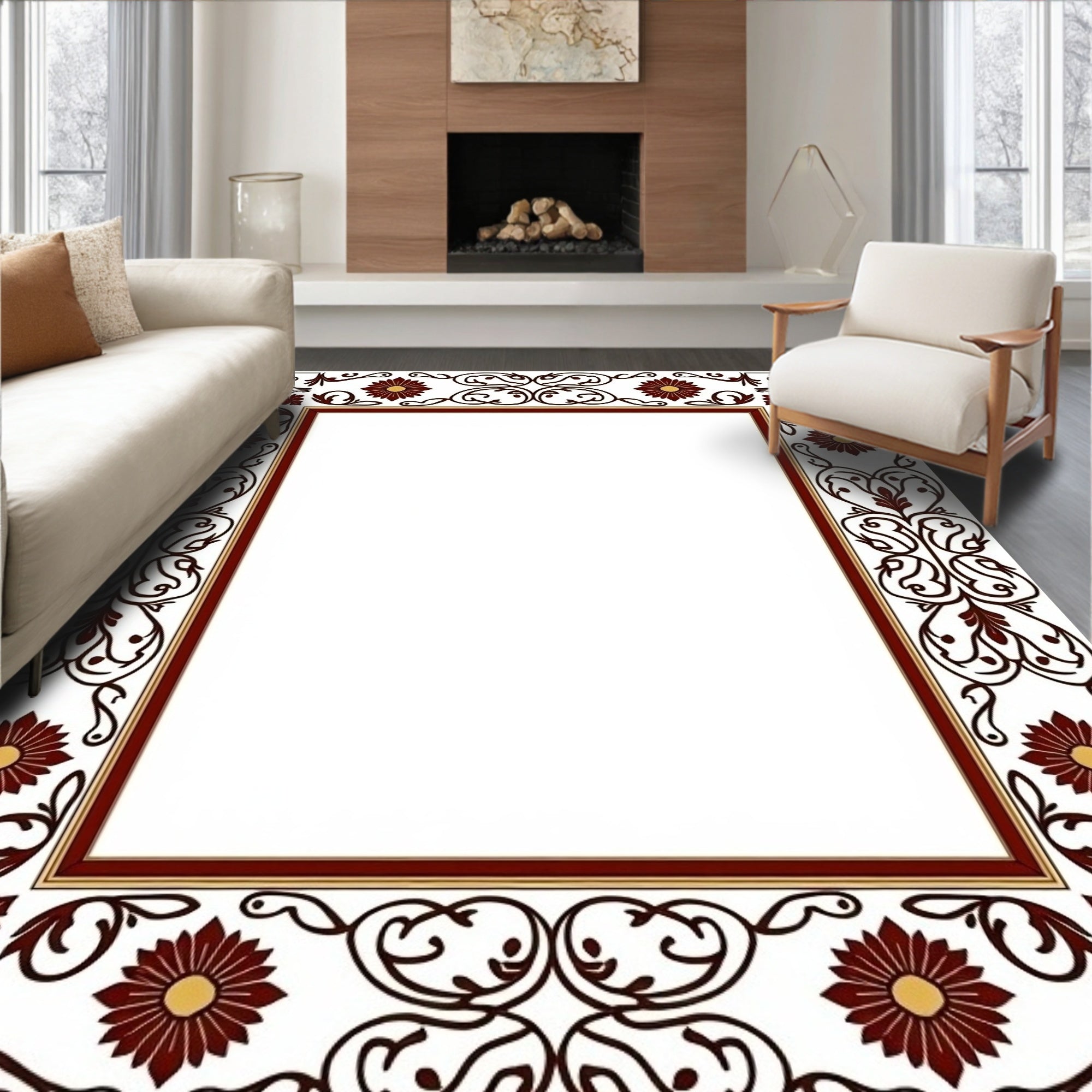 Rich Floral Scroll Pattern Border Rug