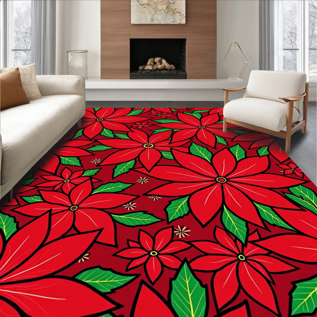 Bold Red Poinsettia Floral Pattern Rug