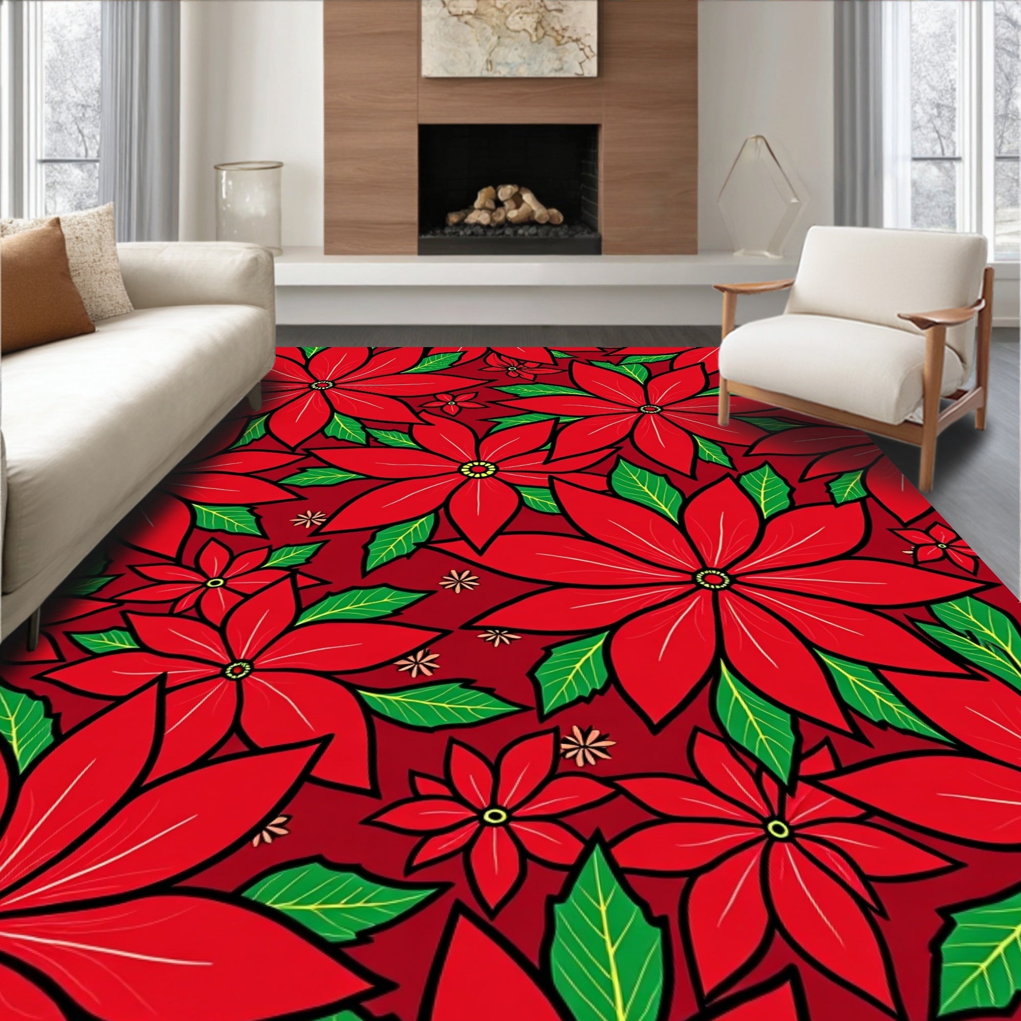 Bold Red Poinsettia Floral Pattern Rug