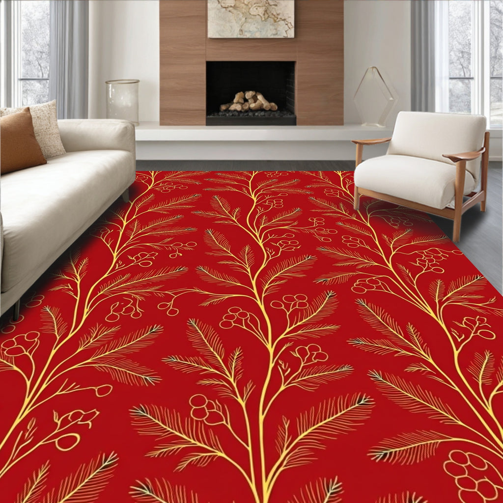 Red And Gold Botanical Patterned Rug