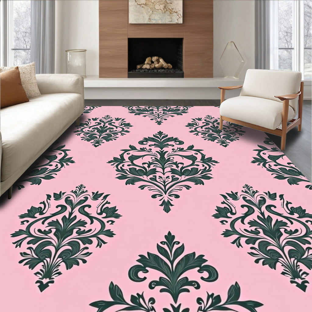 Pink Green Damask Floral Pattern Rug