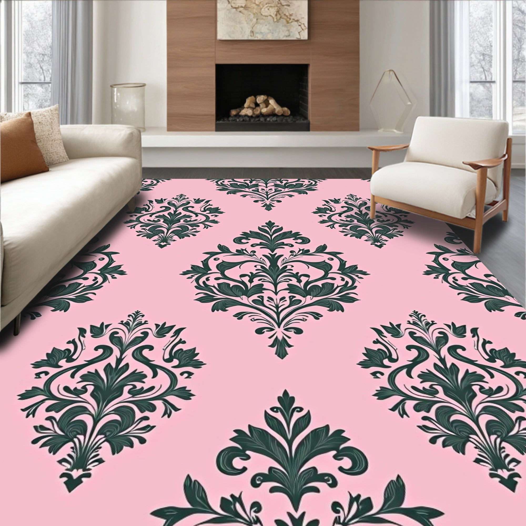 Pink Green Damask Floral Pattern Rug