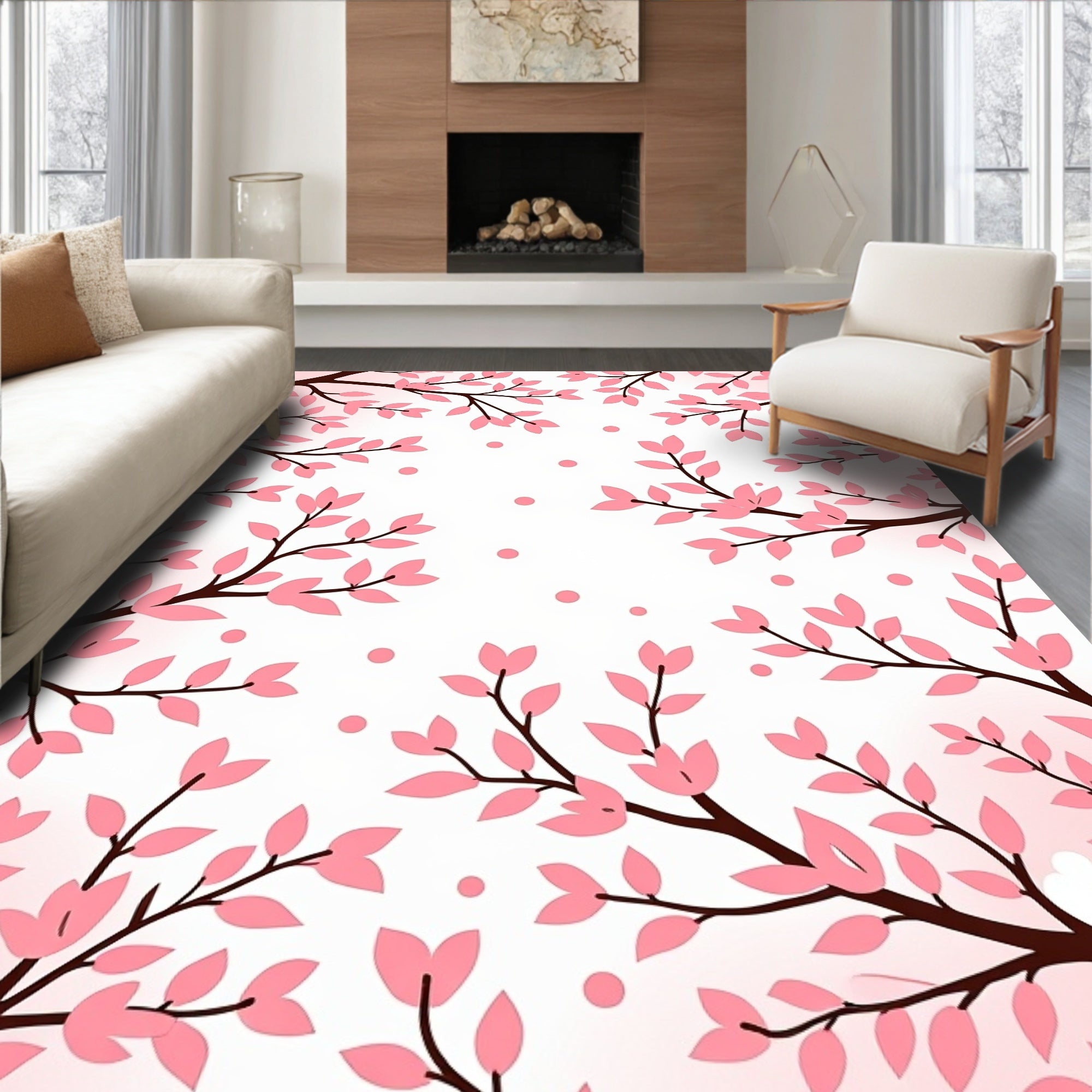Pink Blossom Branches Dots Design Rug