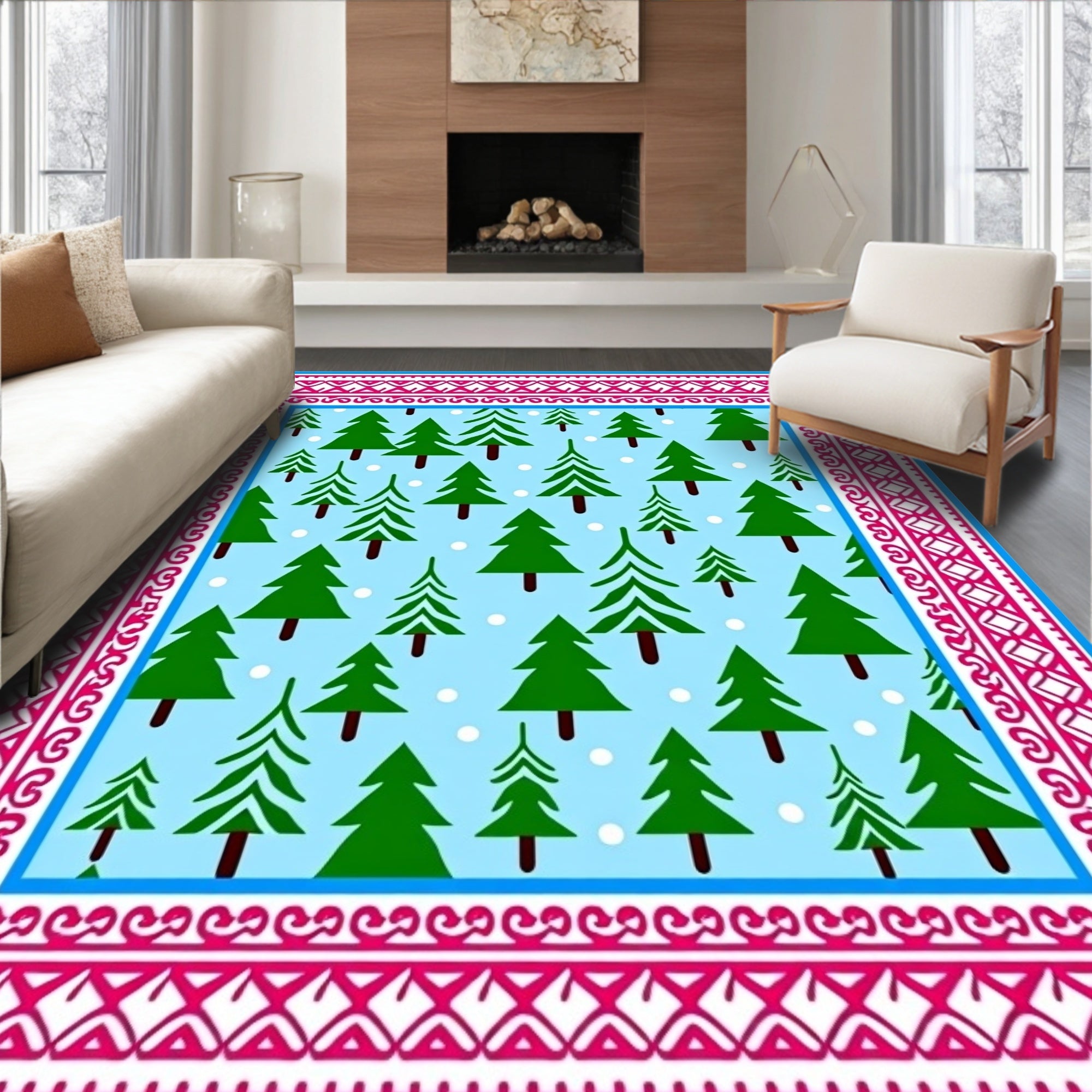 Light Blue Christmas Trees Bordered Rug