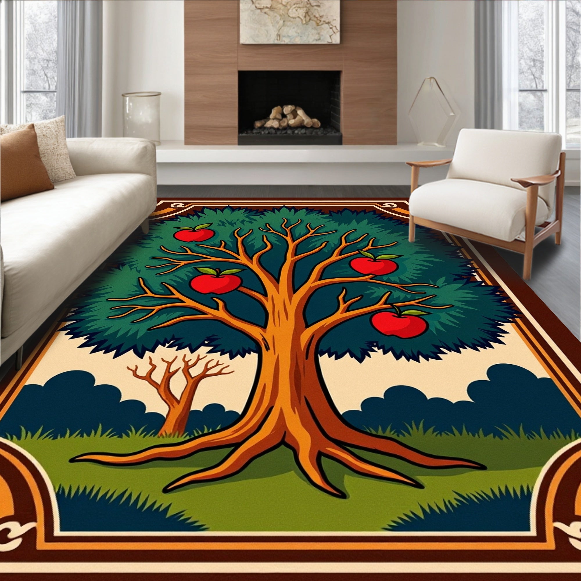 Vibrant Apple Tree Border Design Rug