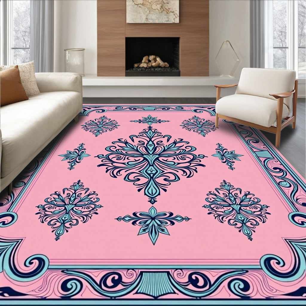Elegant Pink Blue Floral Scroll Pattern Rug