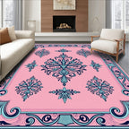 Elegant Pink Blue Floral Scroll Pattern Rug