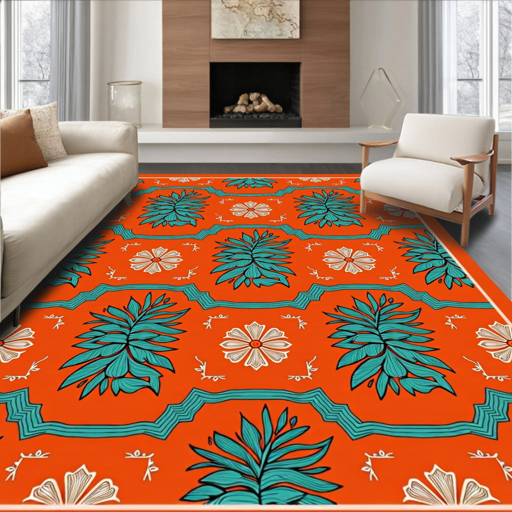 Vibrant Teal Orange Floral Pattern Rug