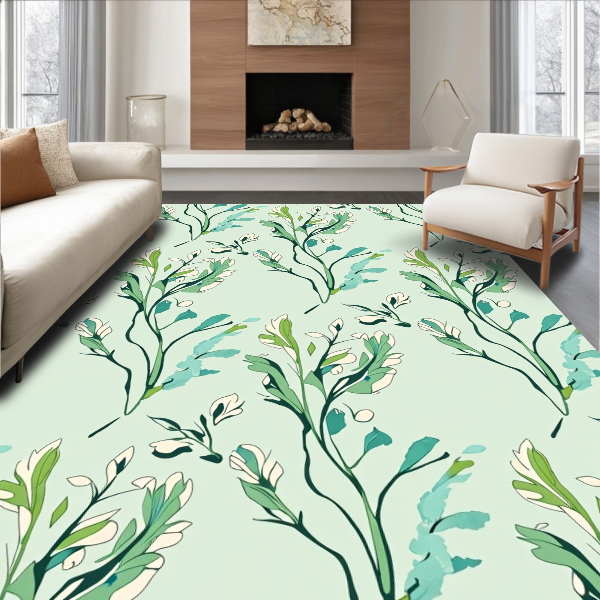Botanical Stem Leaf Pattern Rug