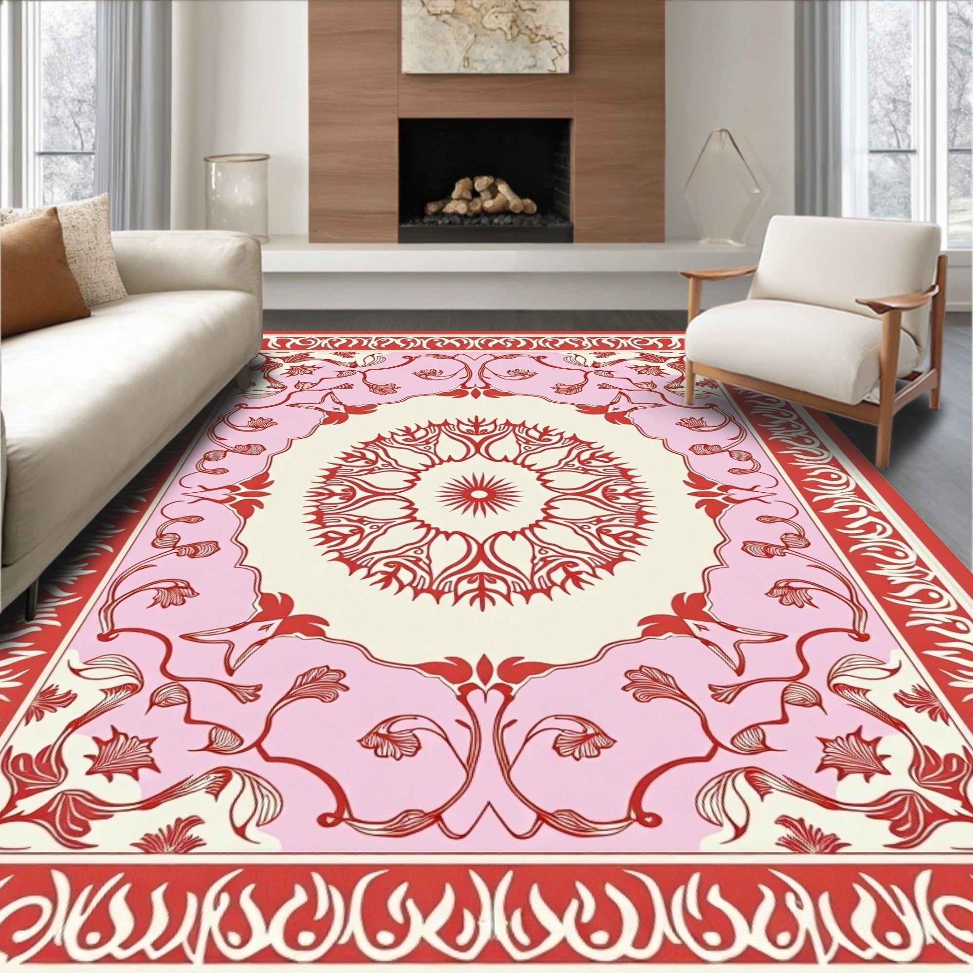 Floral Medallion Red Pink Border Design Rug