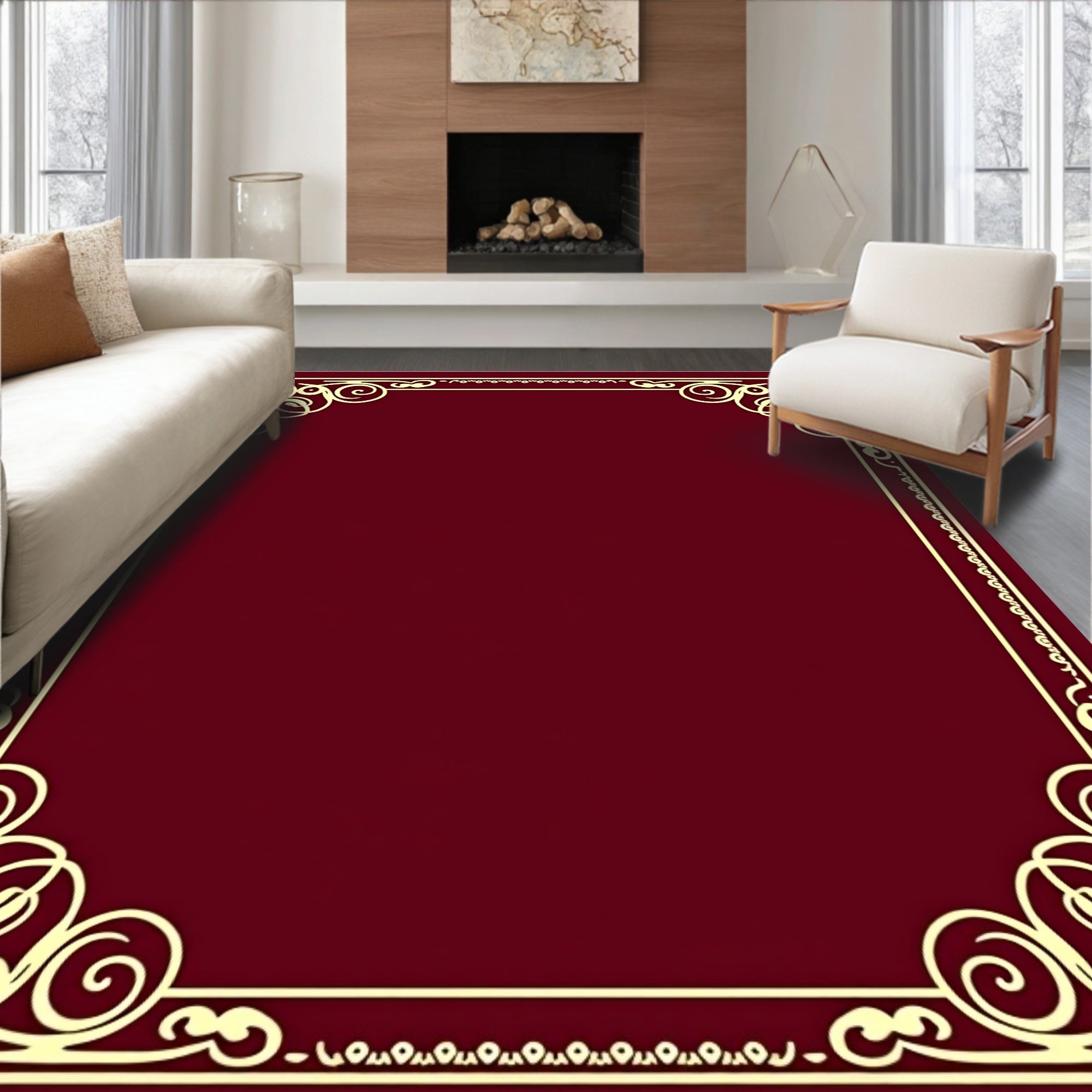 Elegant Burgundy Swirl Border Rug