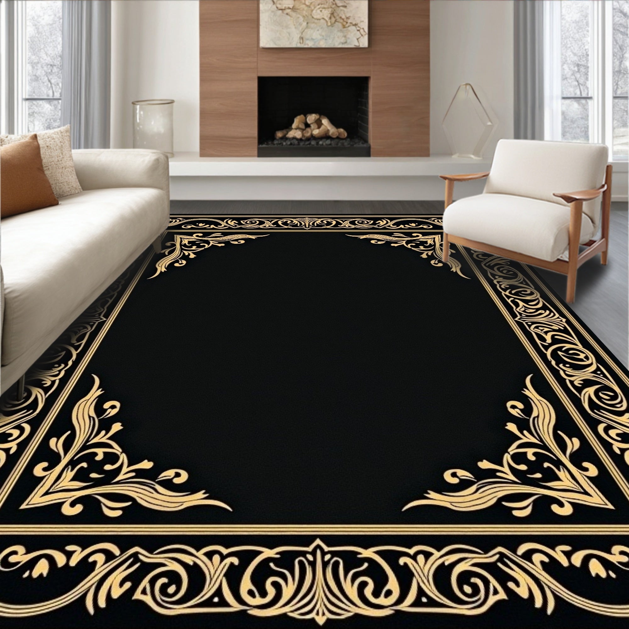 Ornate Golden Frame Pattern Rug
