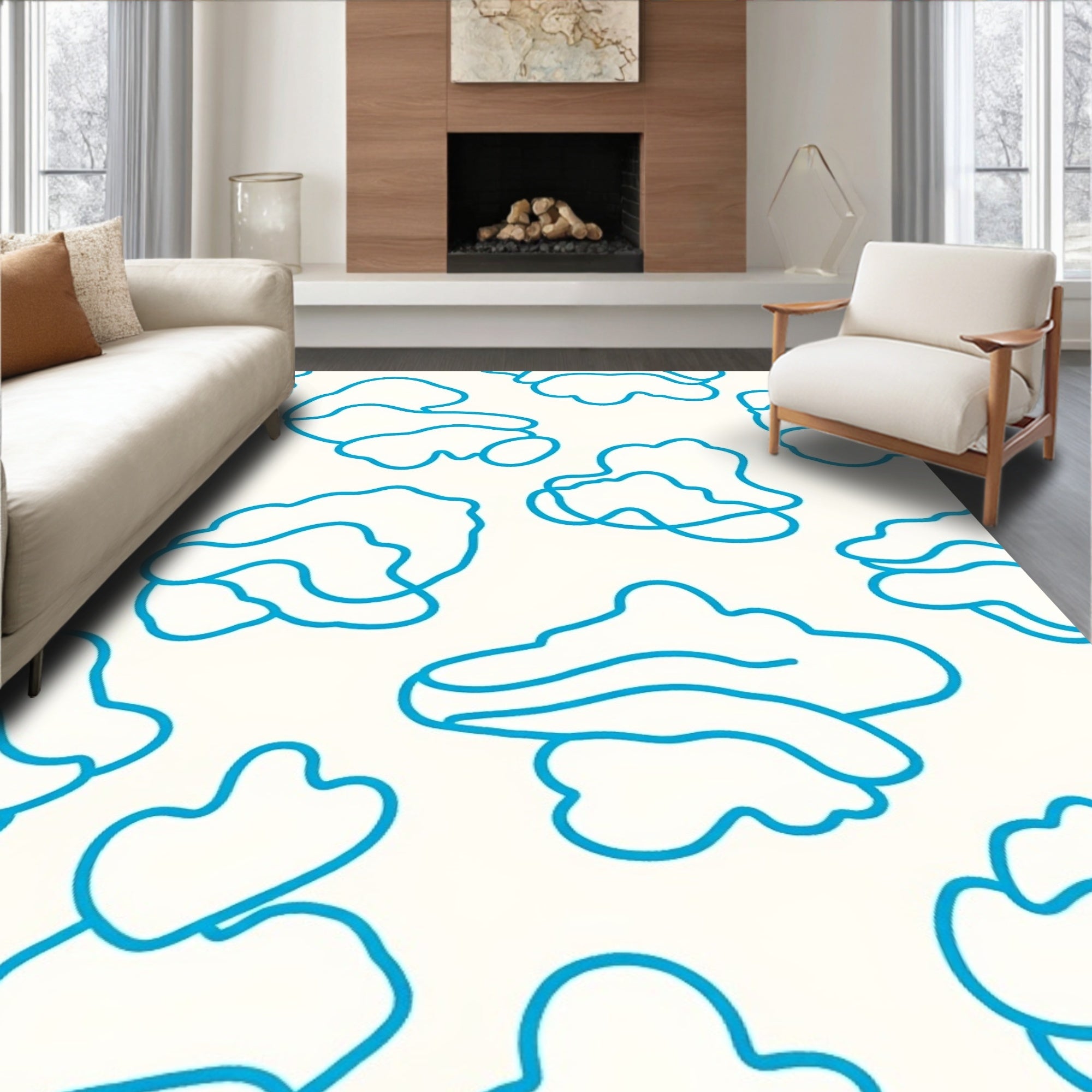 Abstract Blue Curvy Outline Pattern Rug