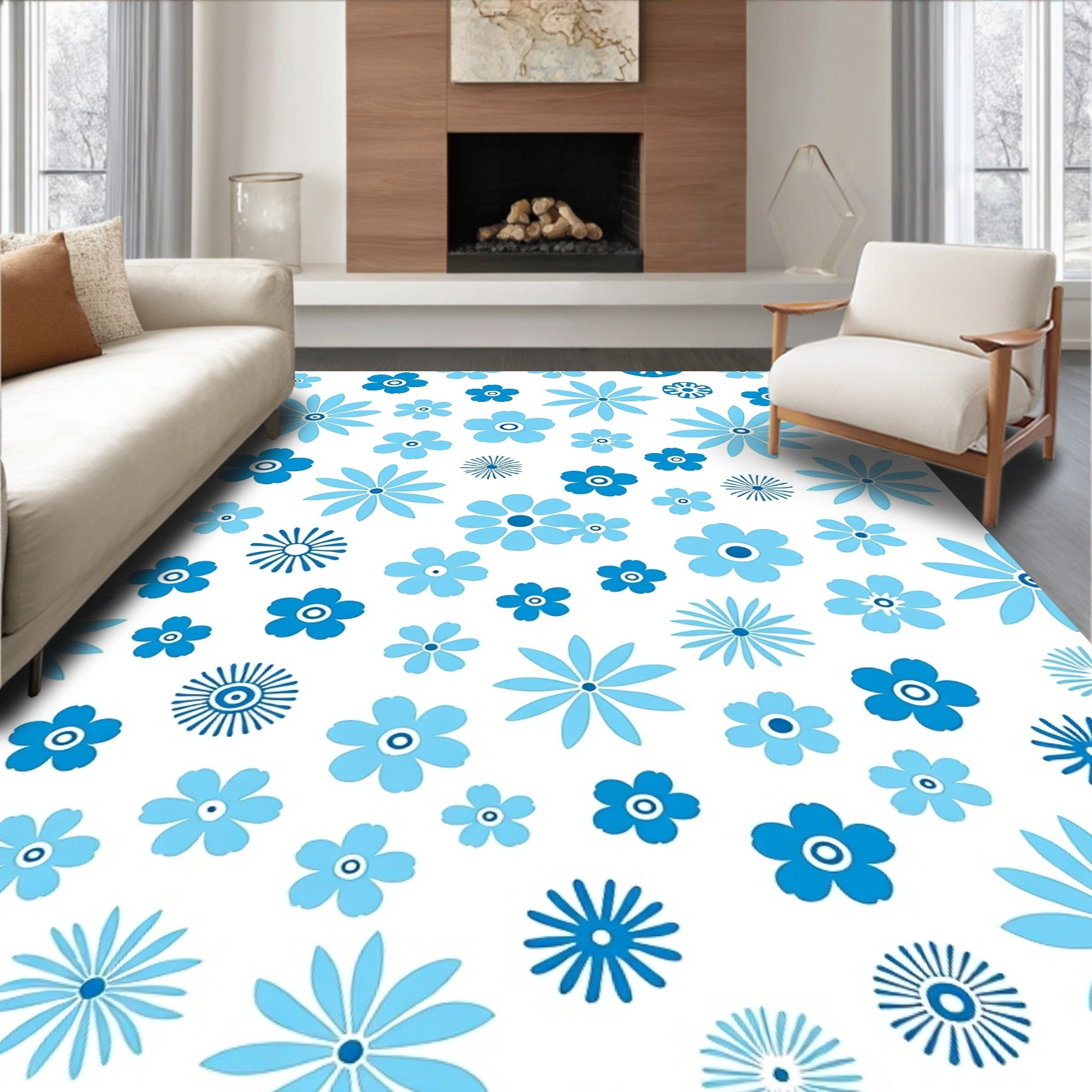 Retro Blue Floral Bloom Pattern Rug