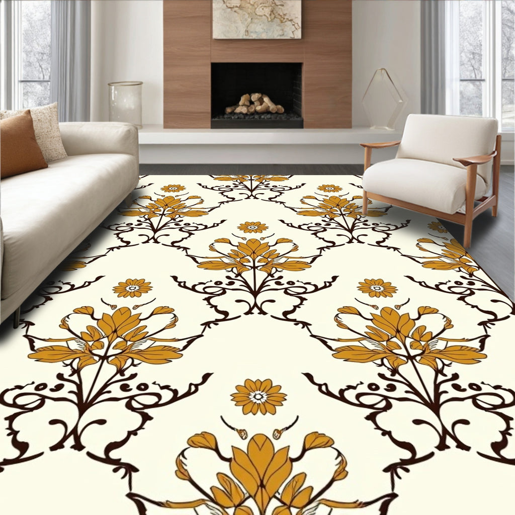 Elegant Orange Golden Floral Damask Rug