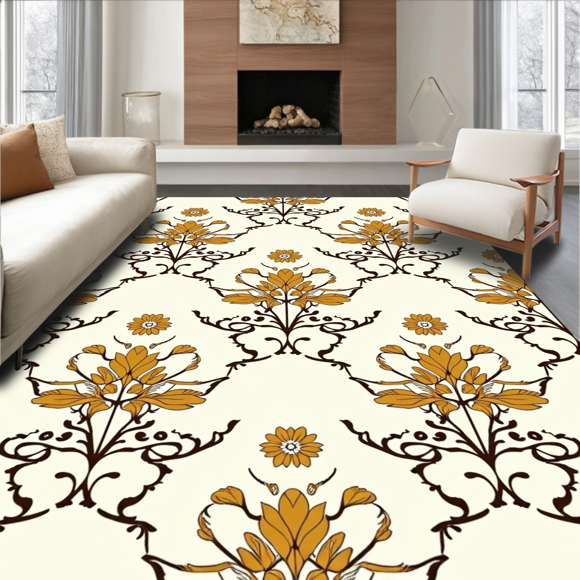 Elegant Orange Golden Floral Damask Rug