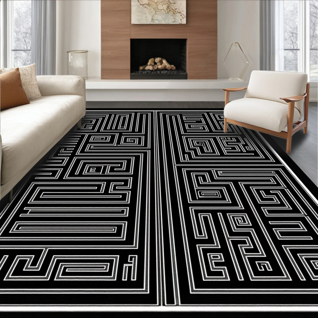 Black and White Abstract Maze Pattern Rug