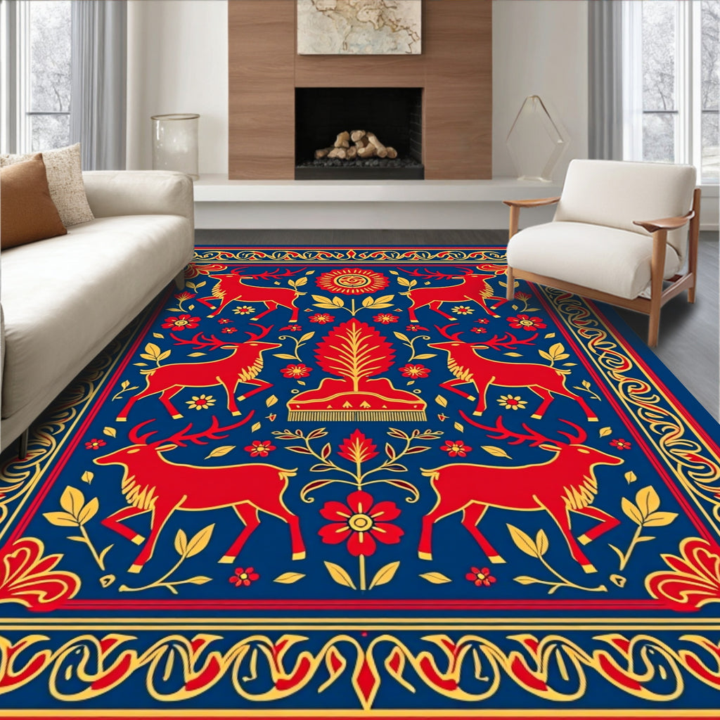 Enchanting Red Deer Folk Art Rug