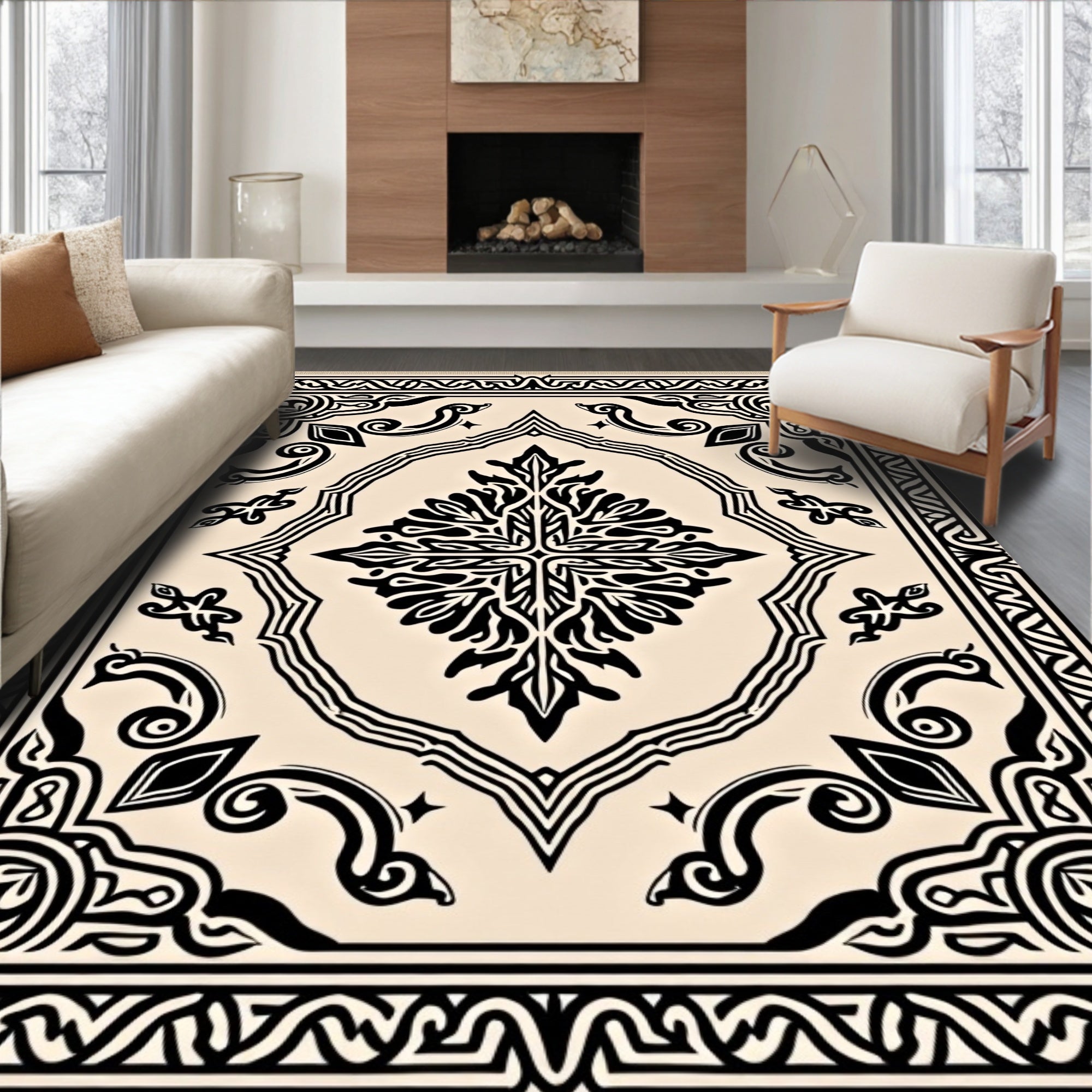 Cream and Black Ornate Scroll Medallion Rug