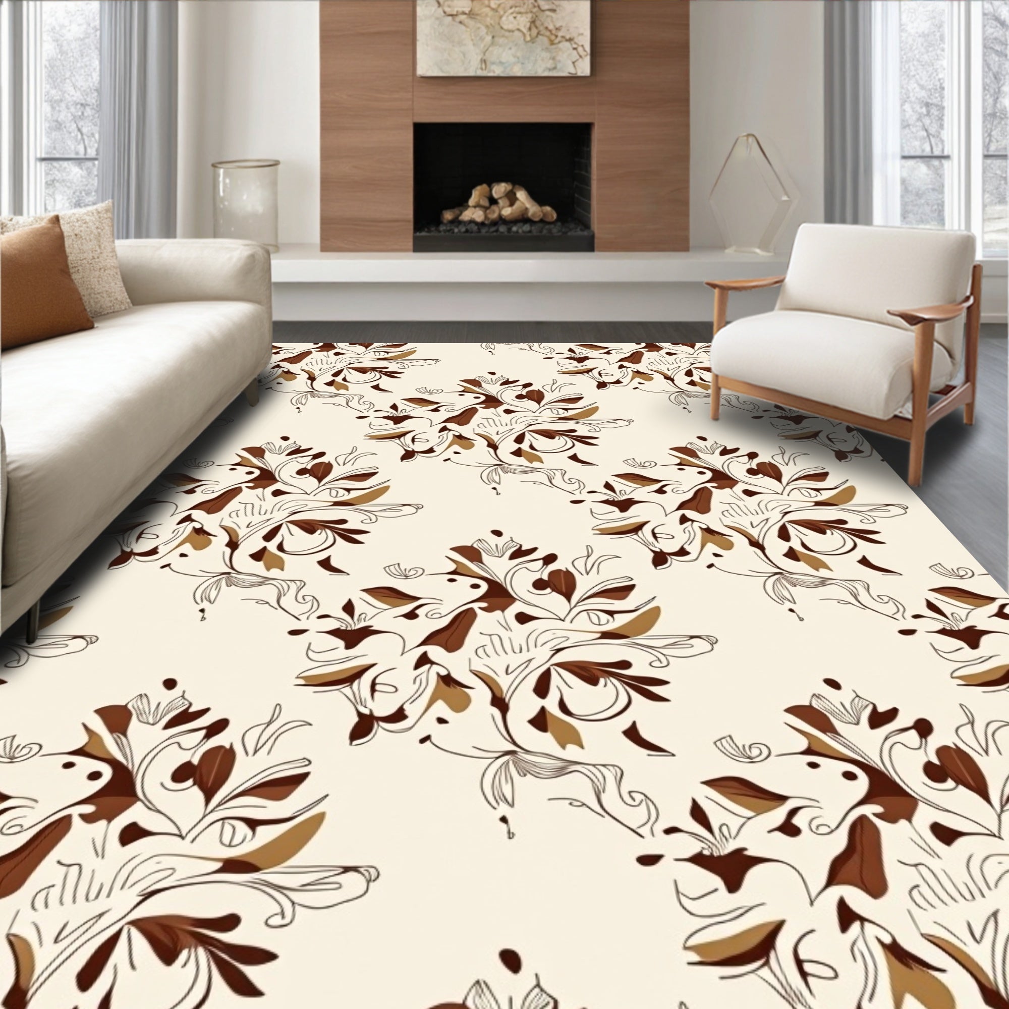 Traditional Floral Brown Beige Pattern Rug