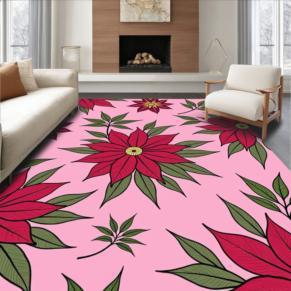Red Floral Pattern on Pink Background Rug