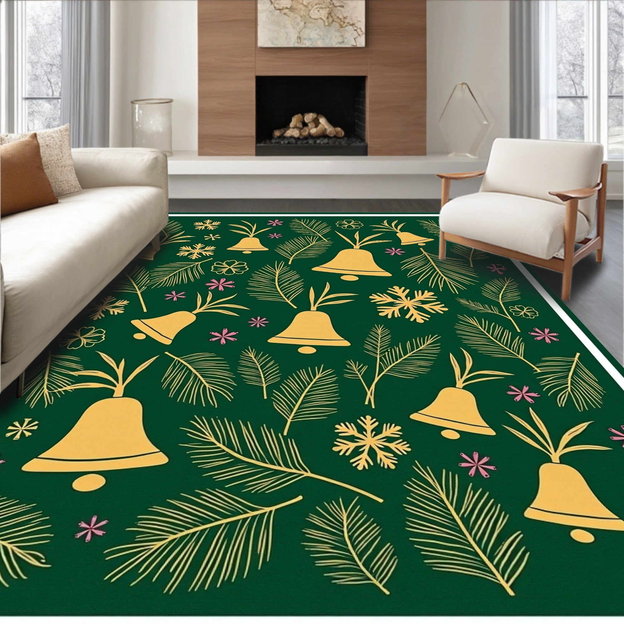 Festive Bell Pine Needle Snowflake Pattern Rug
