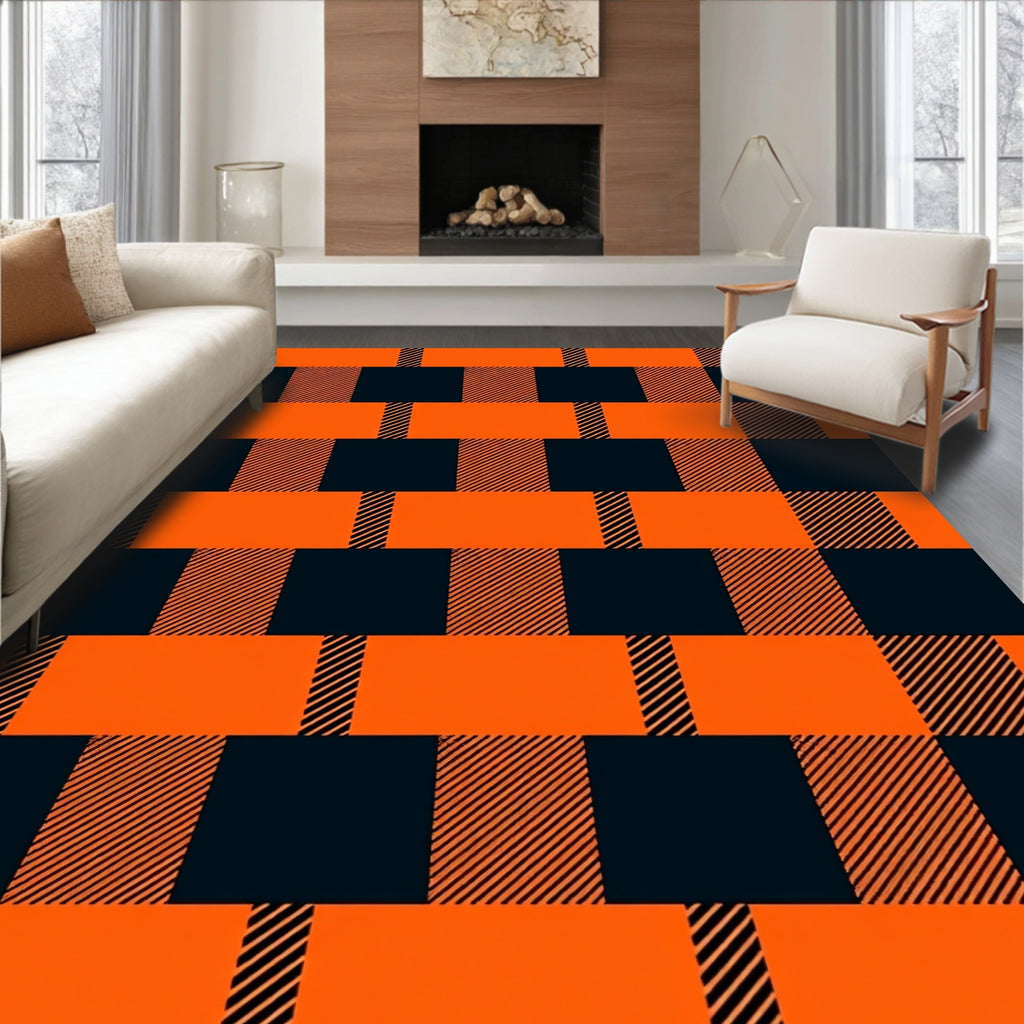Bold Orange Black Plaid Rectangles Design Rug