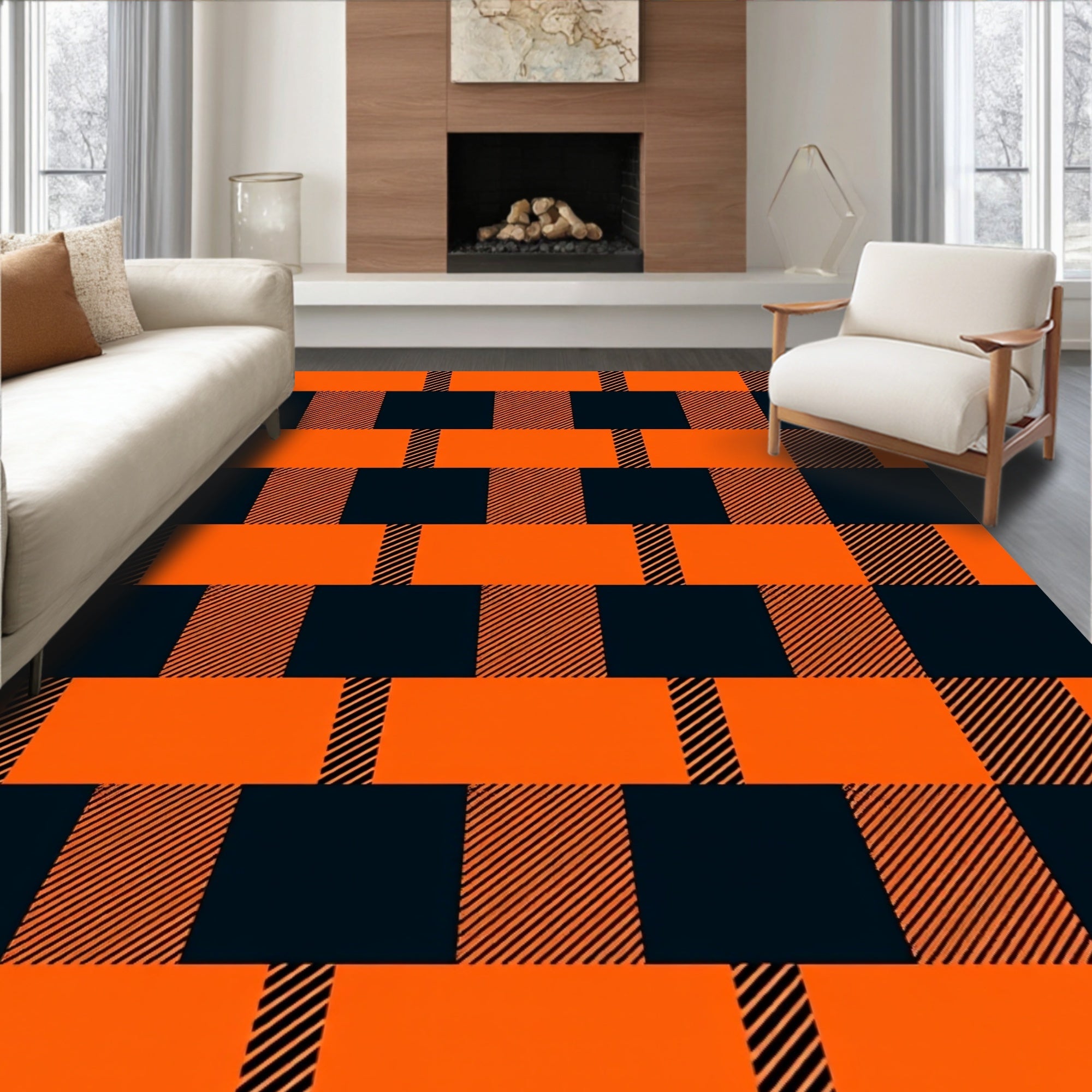 Bold Orange Black Plaid Rectangles Design Rug