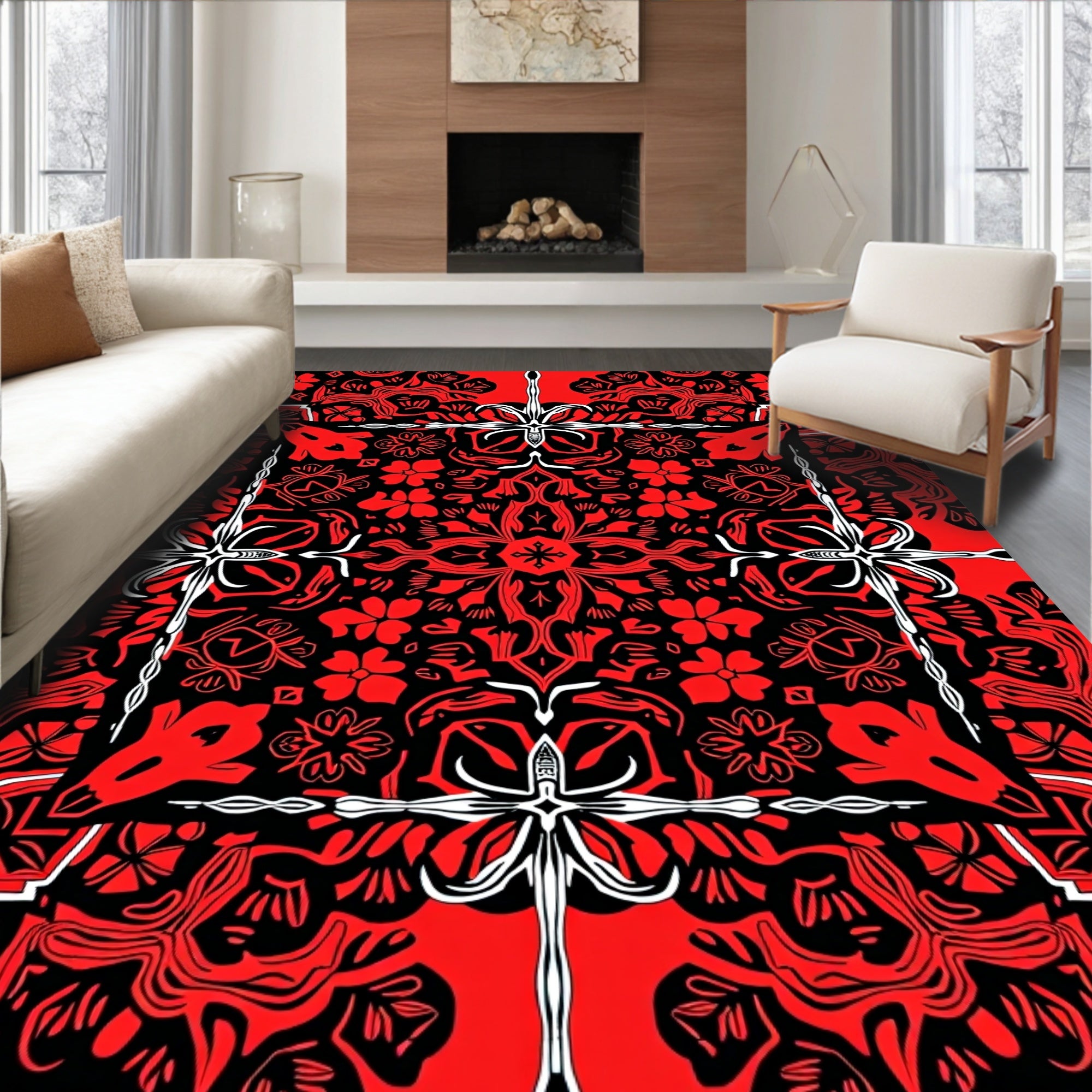 Red Black Bold Symmetric Pattern Rug