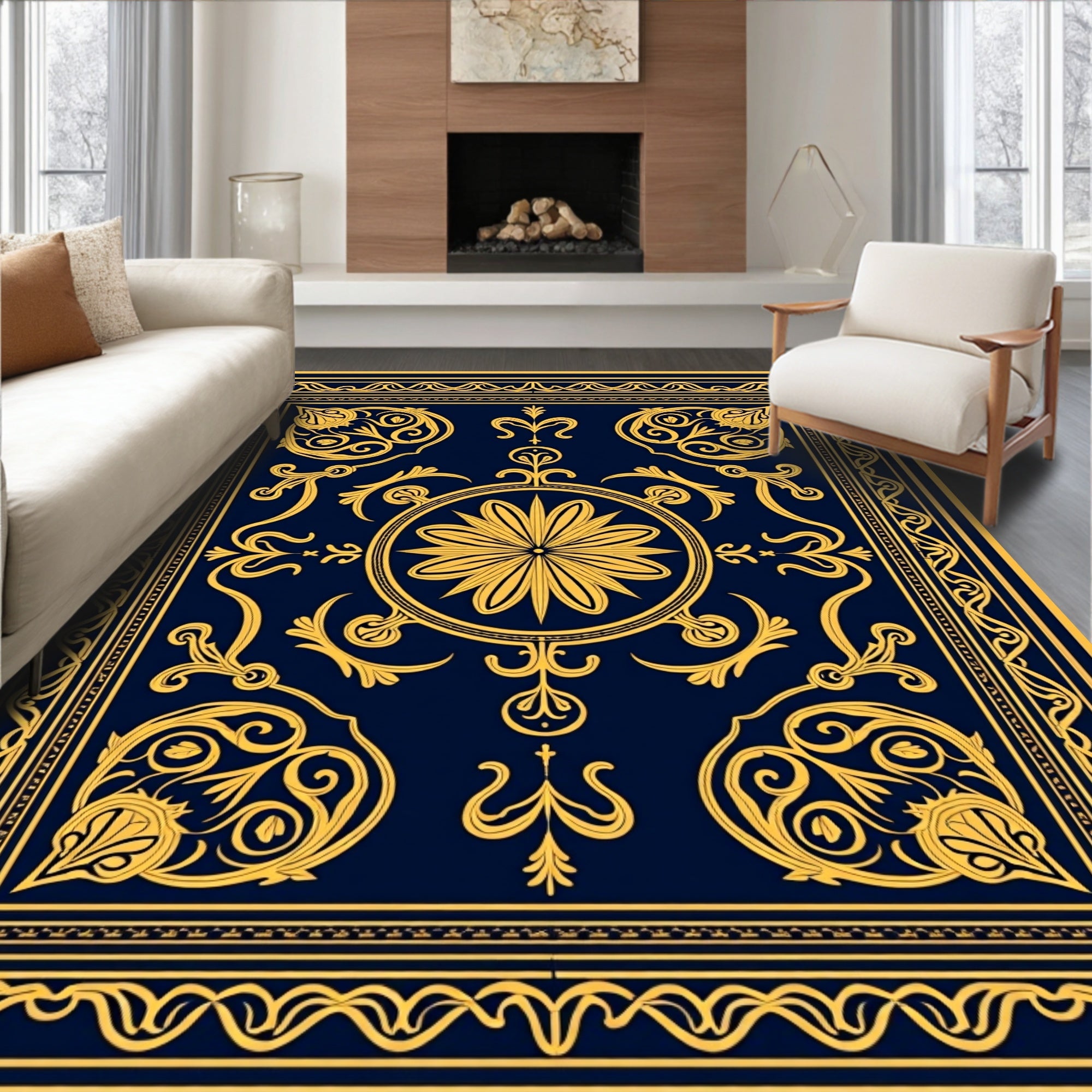 Navy and Gold Ornate Floral Medallion Rug