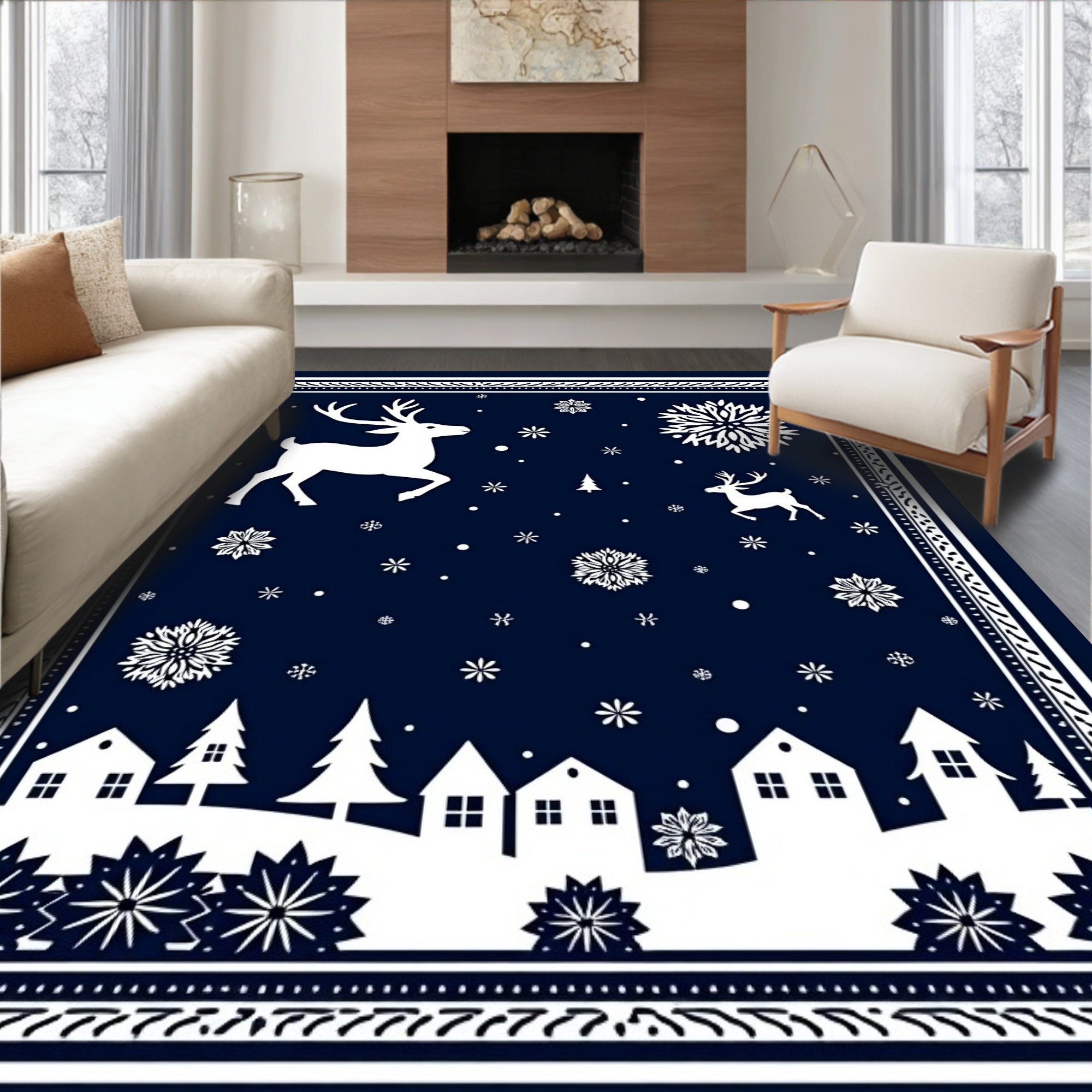 Festive Deer and Village Silhouette Rug