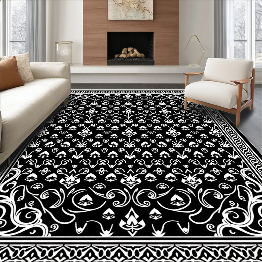Classic Black White Floral Scroll Rug
