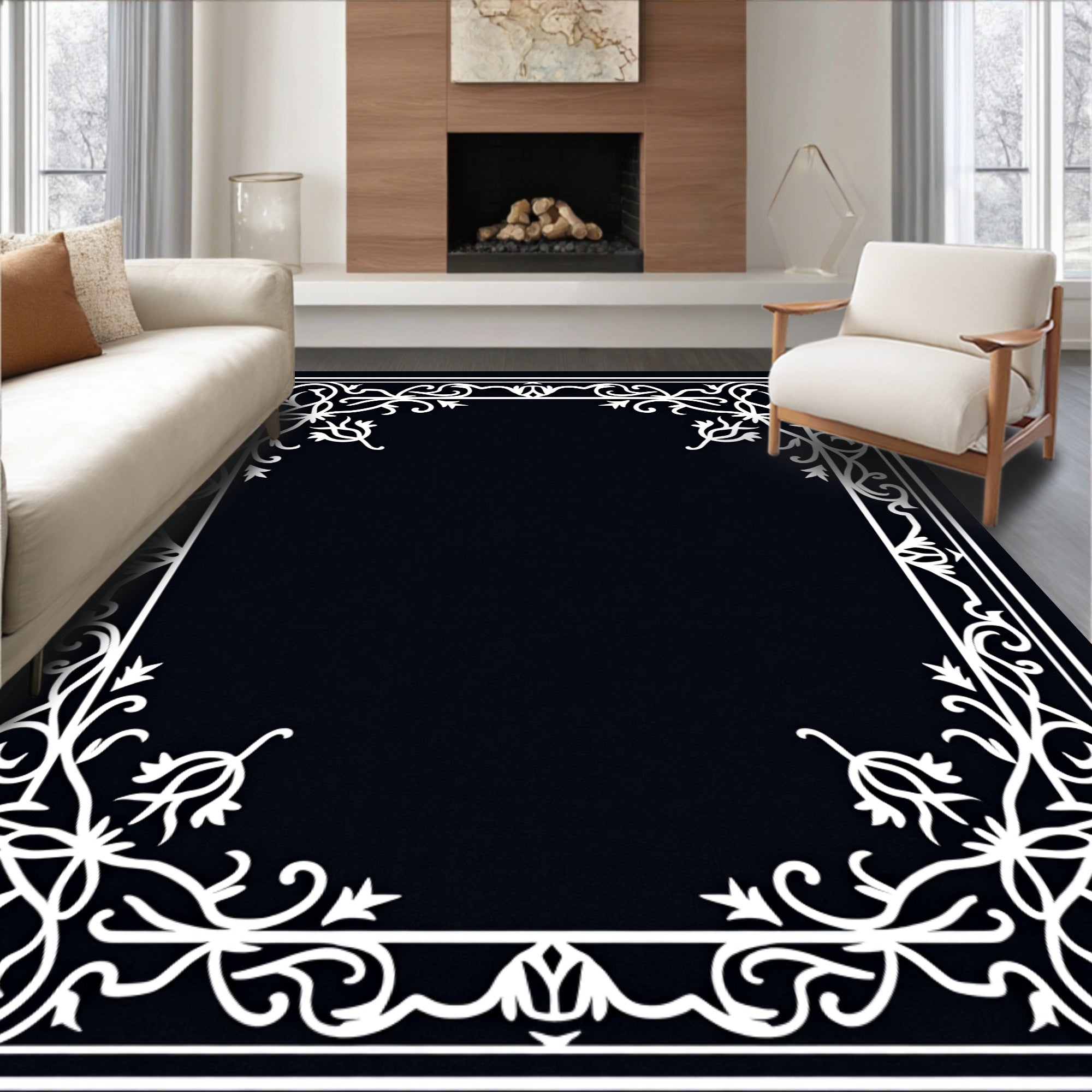 Elegant Floral Vine Border Design Rug