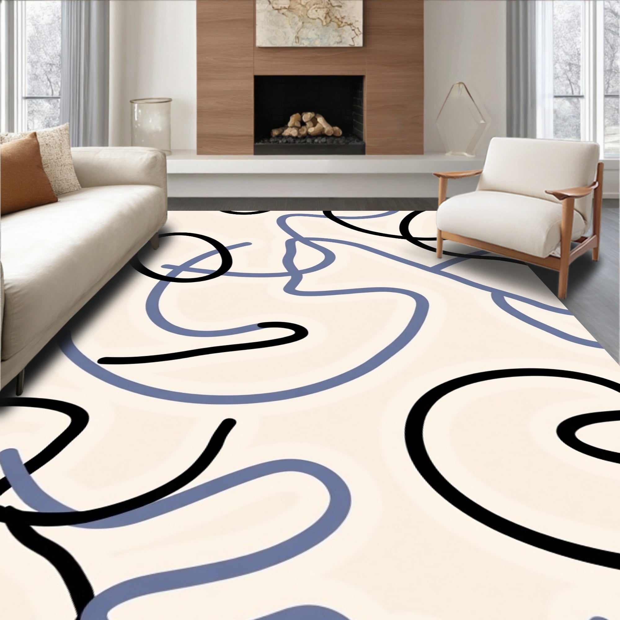 Abstract Swirl Pattern With Black Blue Lines Rug