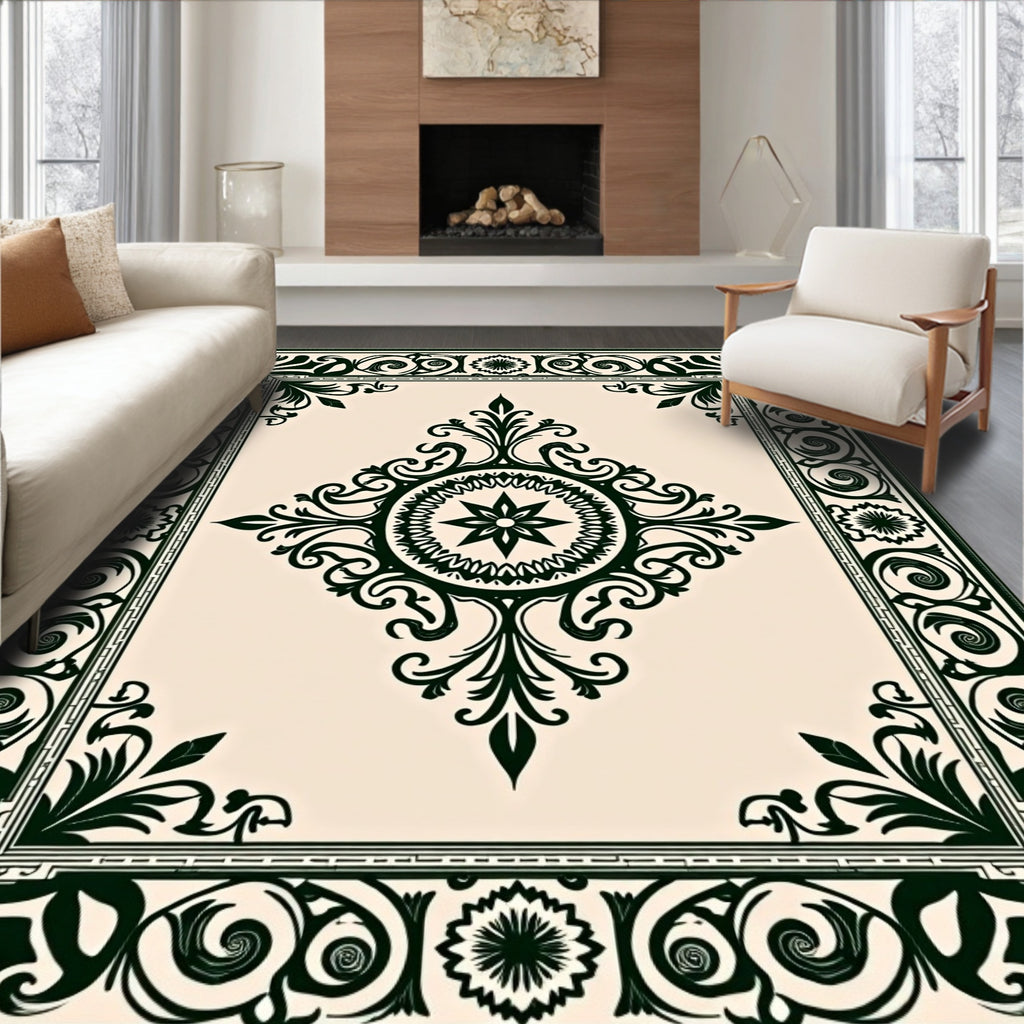 Ornate Dark Green Classic Patterned Rug