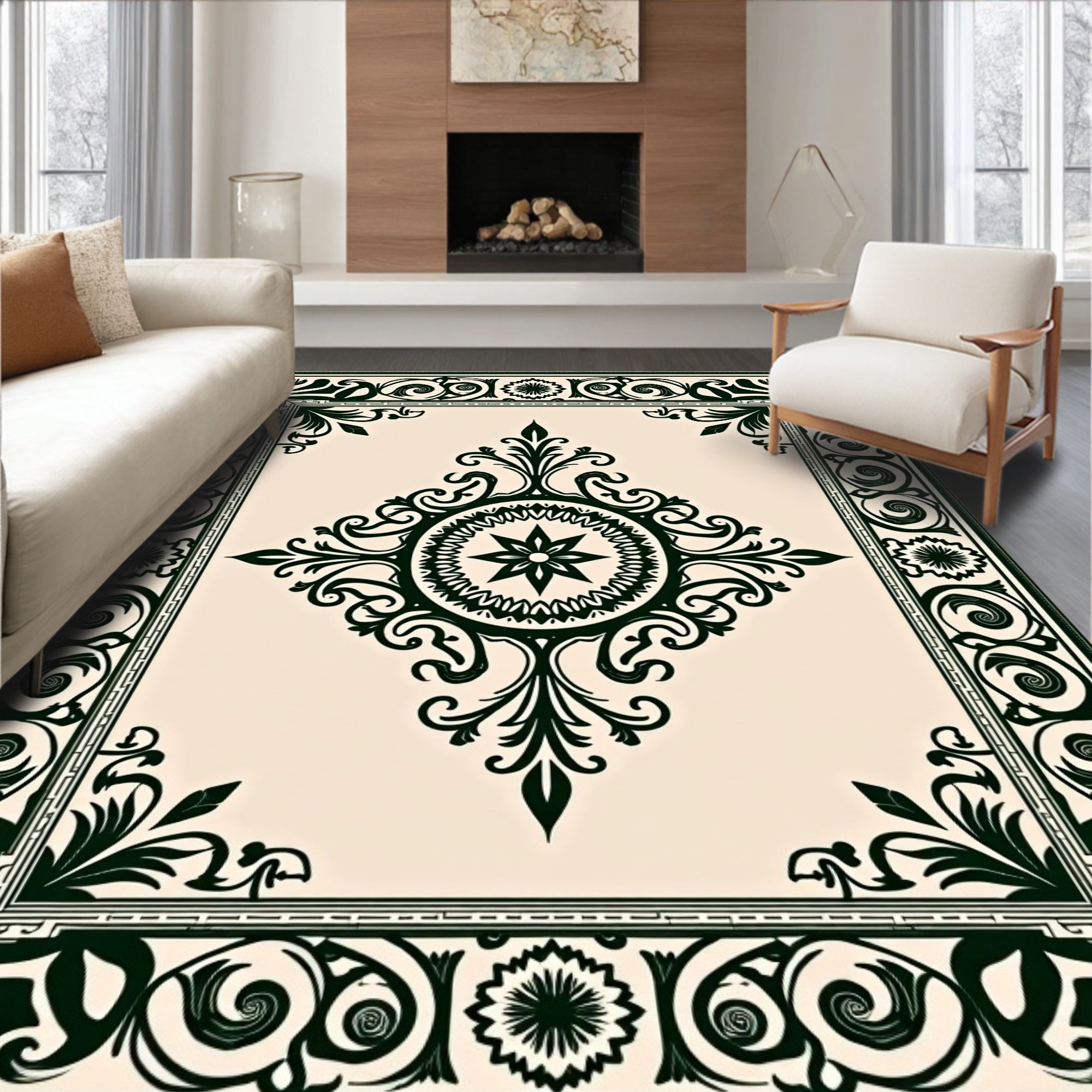 Ornate Dark Green Classic Patterned Rug