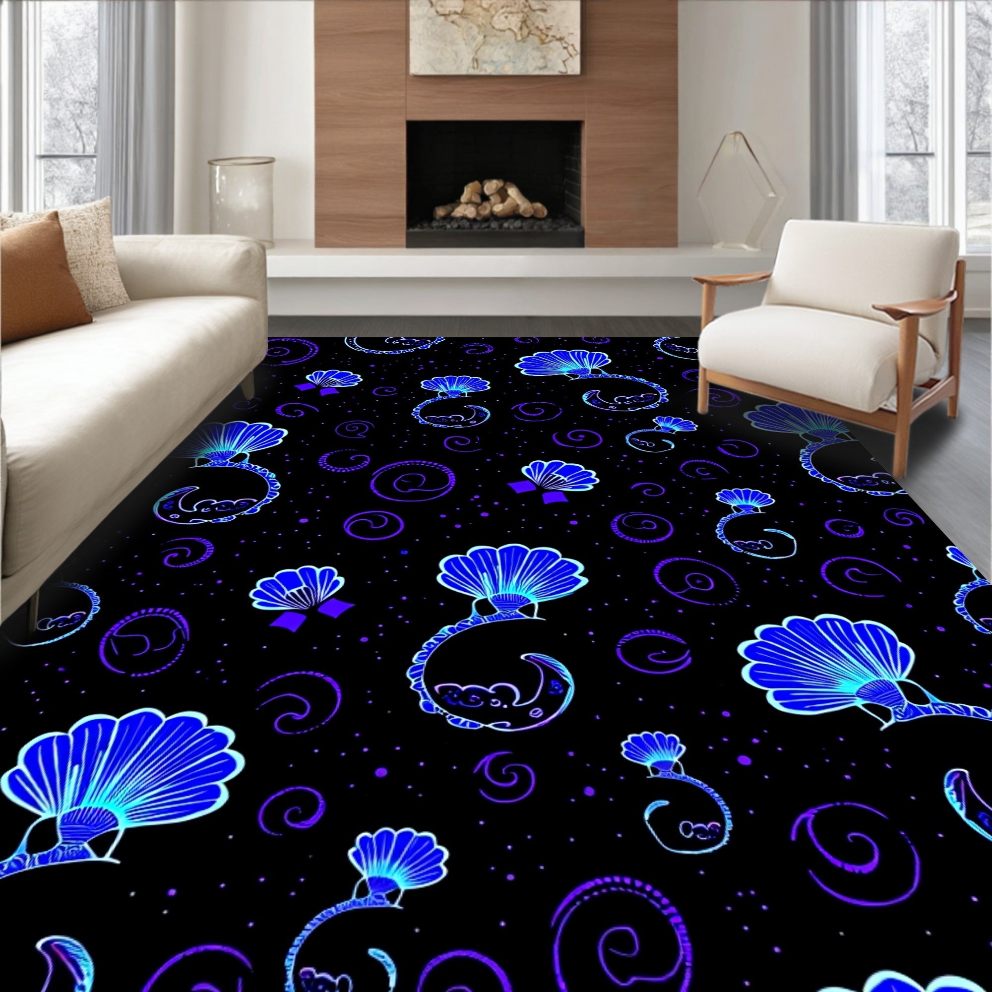 Midnight Blue Fan Swirl Pattern Rug