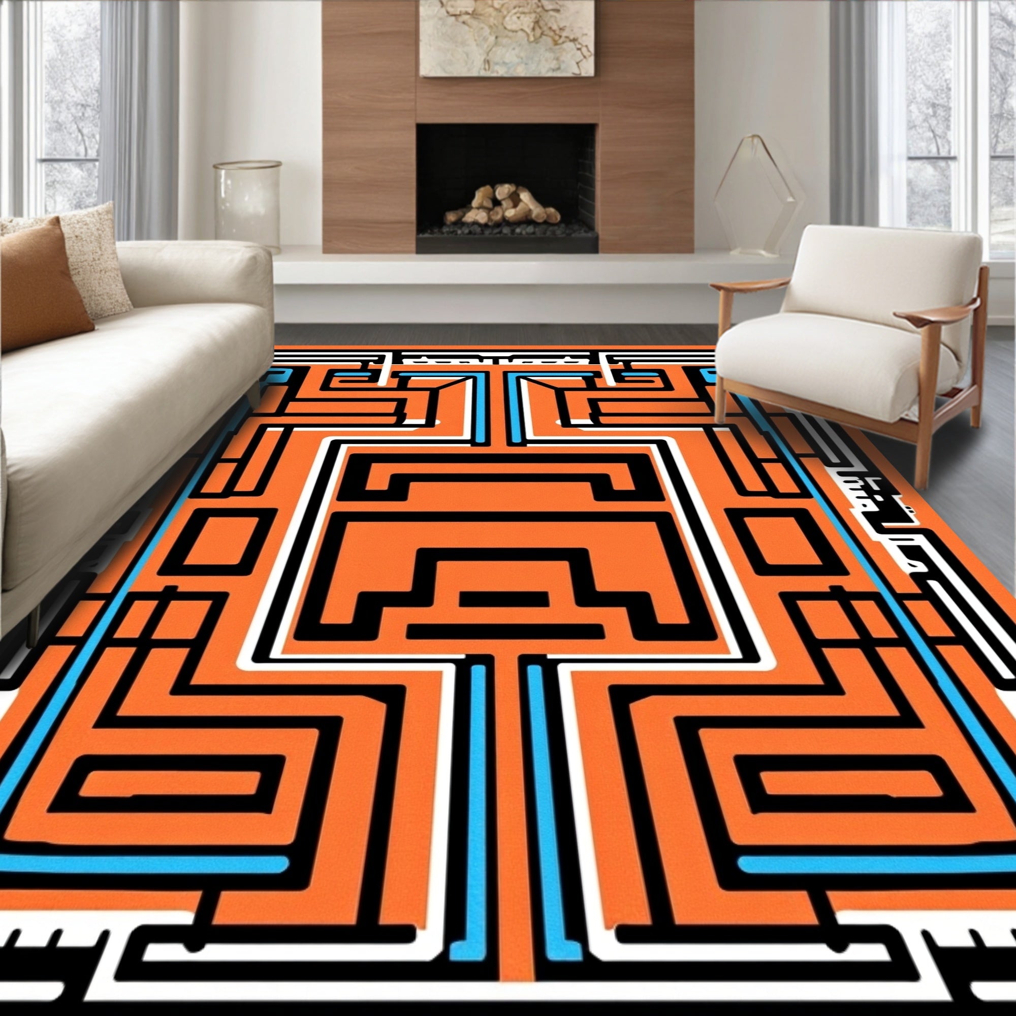 Orange Maze Pattern with Blue Accents Rug