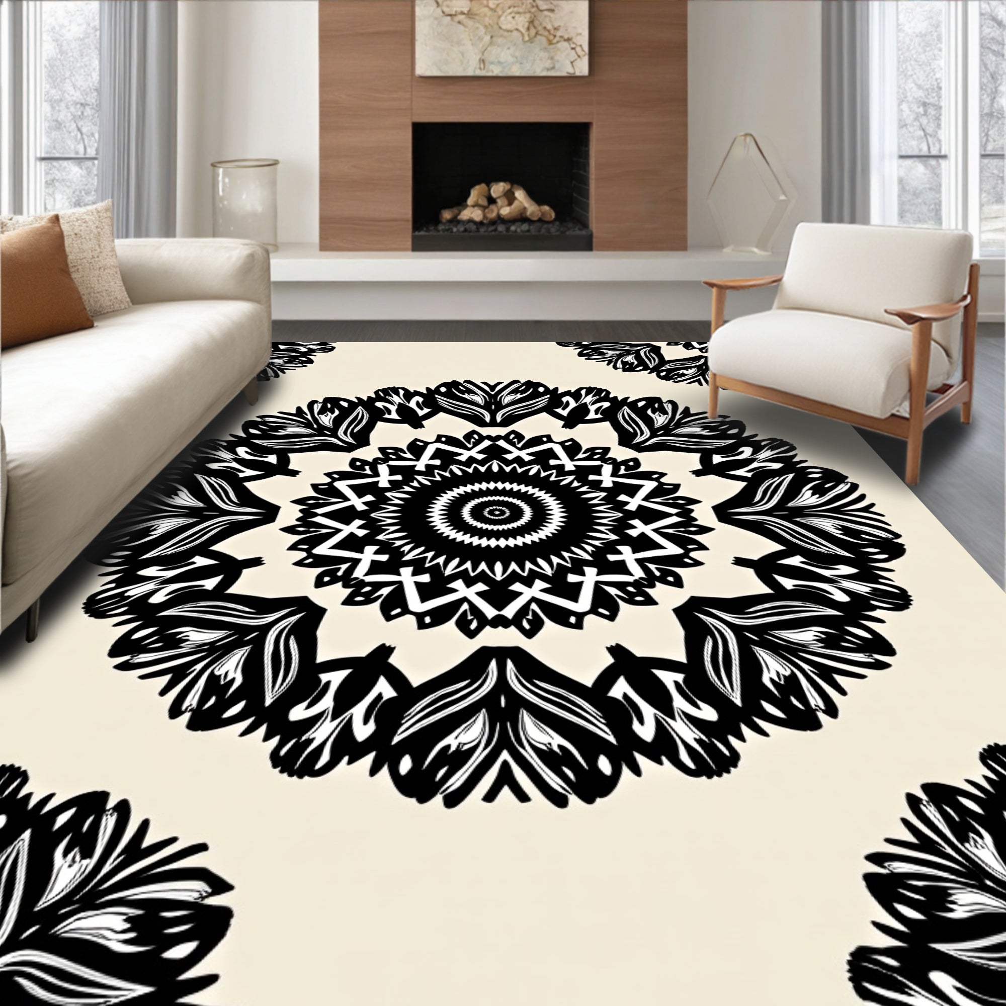 Ornate Black White Mandala Pattern Rug