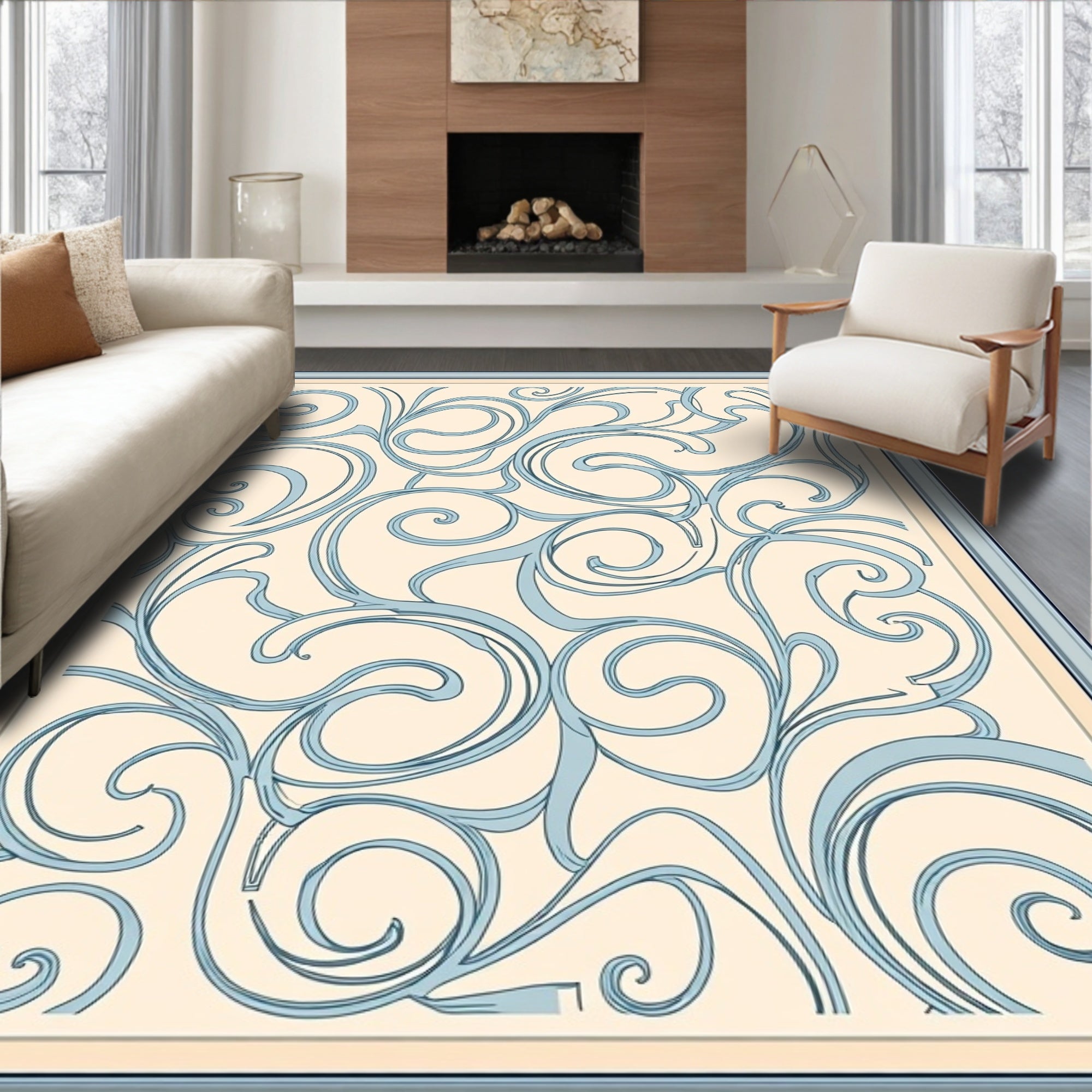 Cream Blue Swirl Pattern Design Rug