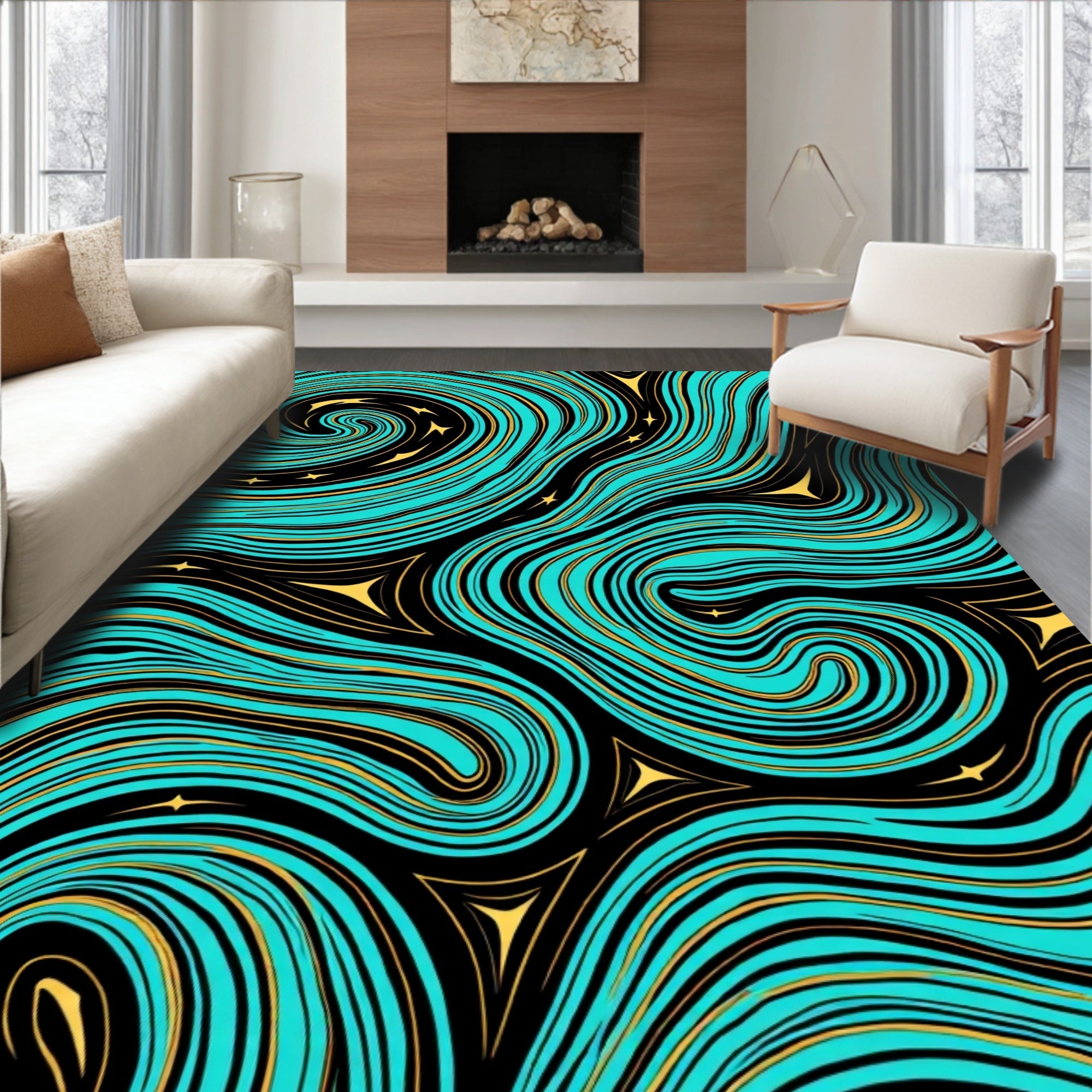 Aqua Gold Swirl Nature Pattern Rug