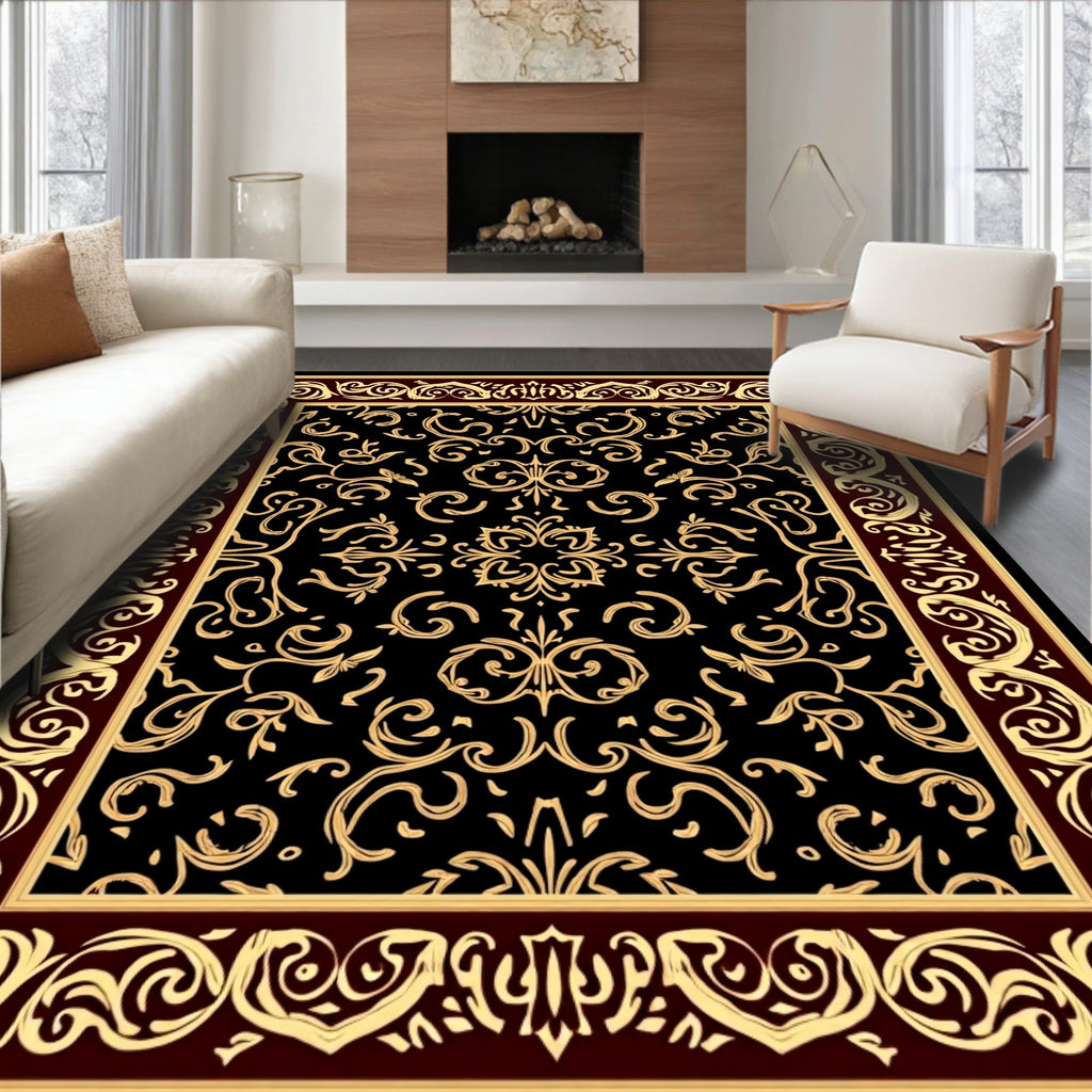Ornate Black Gold Swirl Pattern Rug