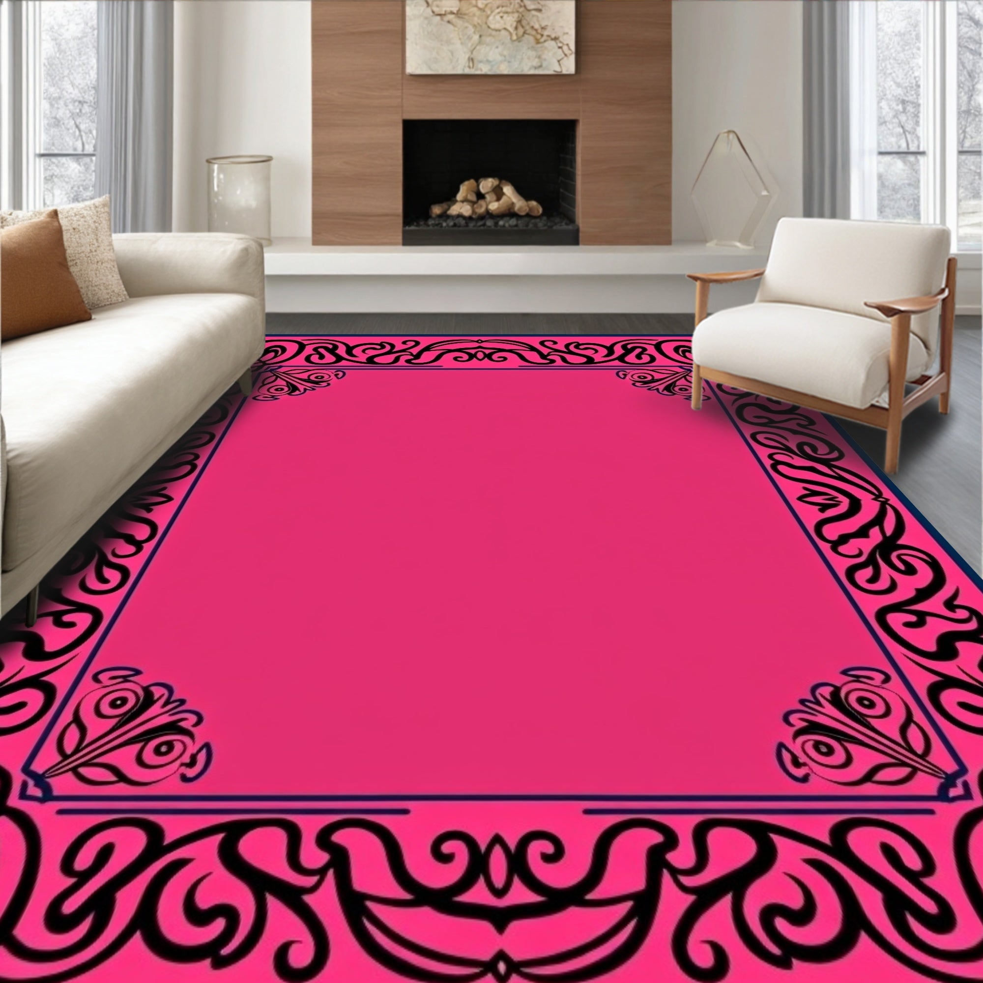 Ornate Floral Scrollwork Pink Navy Rug
