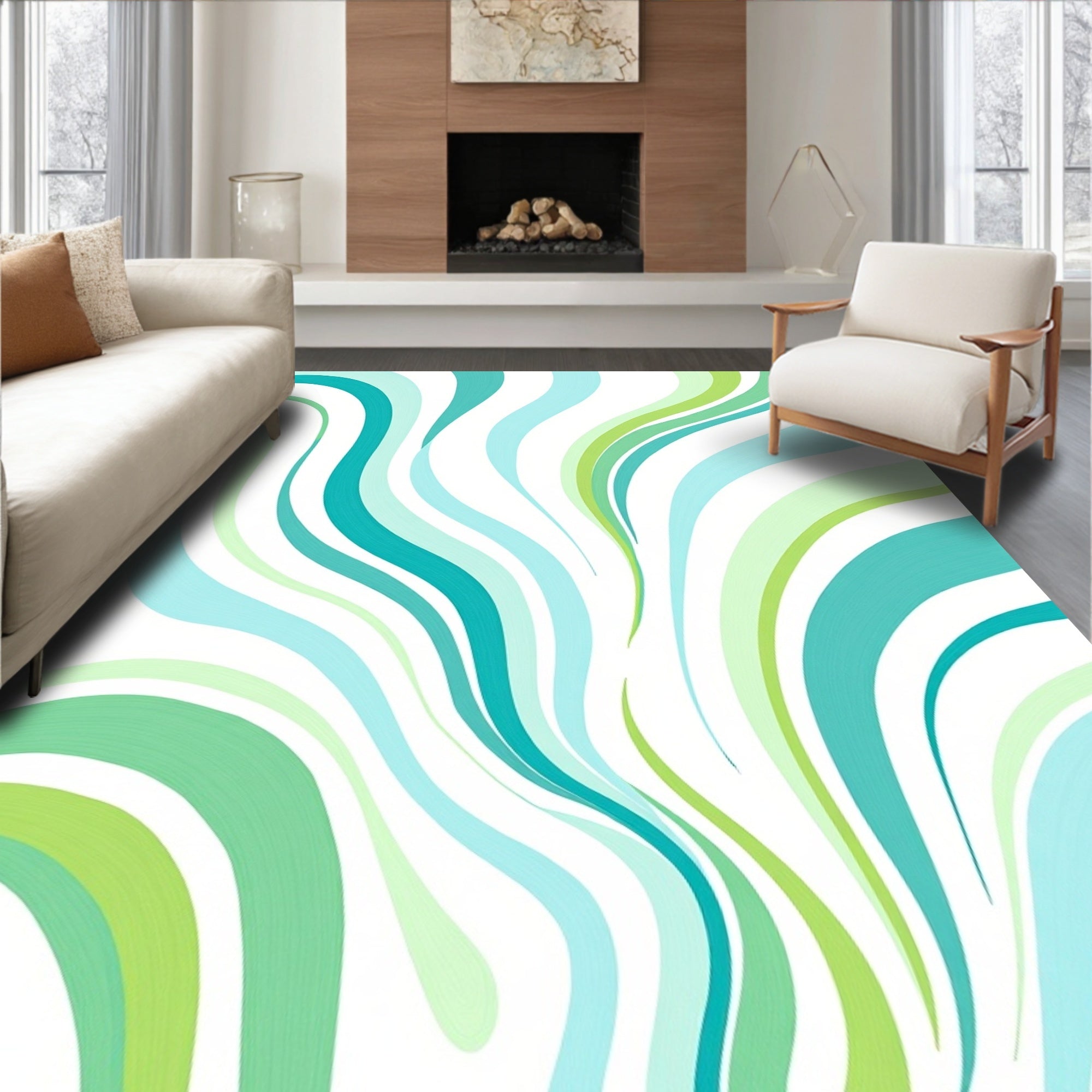 Turquoise And Green Wavy Pattern Rug