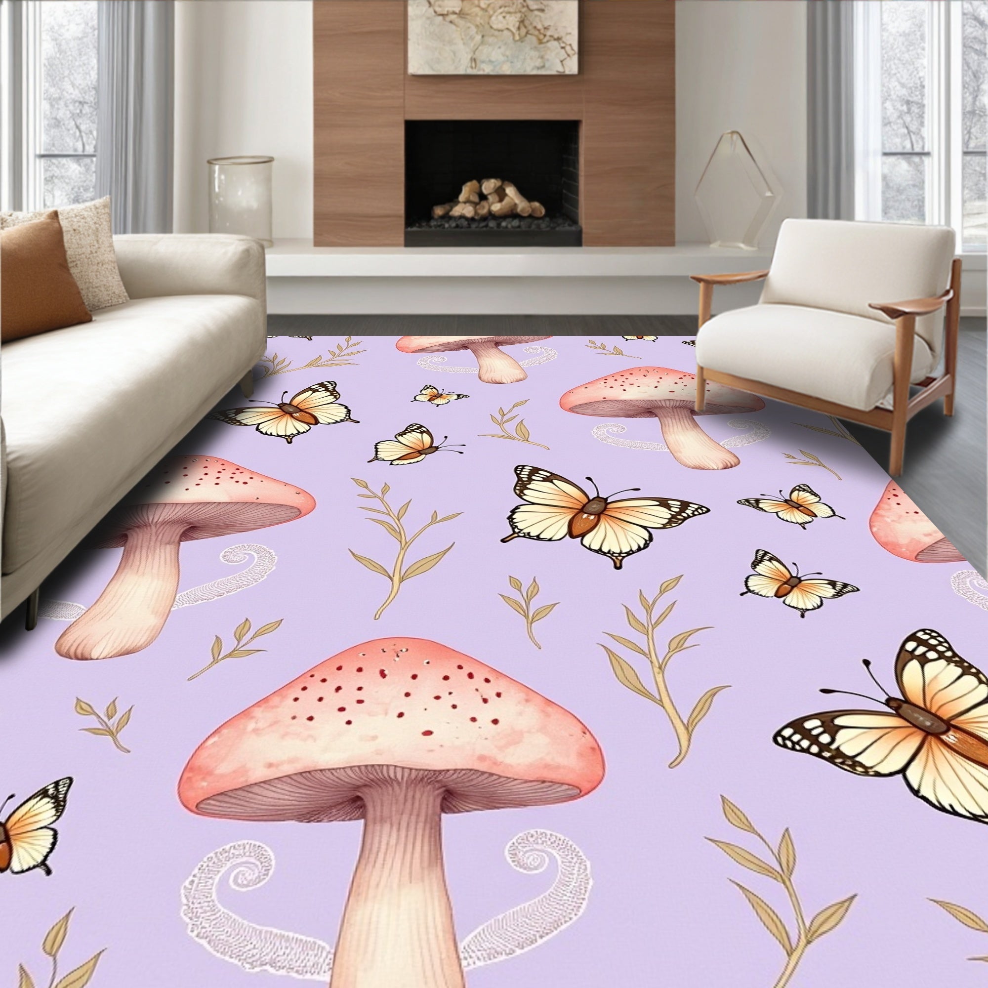 Whimsical Butterfly and Mushroom Pattern Rug